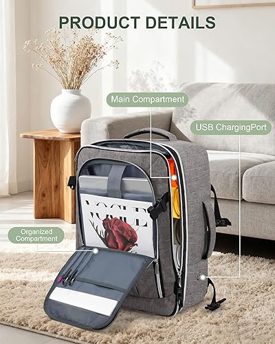 Miniatura 5 de Mochila de viaje para hombres y mujeres, mochila de cabina aprobada para vuelos, mochila para computadora de 17 pulgadas, bolsa grande, Gris,