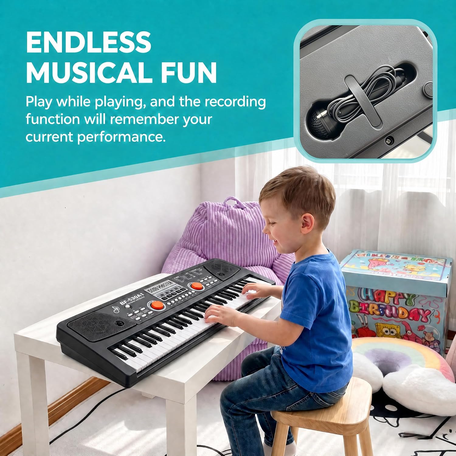 49 Keys Toddler Piano Keyboard for Kids with Microphone, Black | 16 Tones 8 Rhythms with Record and Playback, One Key One Note Learning, USB or Battery Powered, Gift for Beginners 3-8