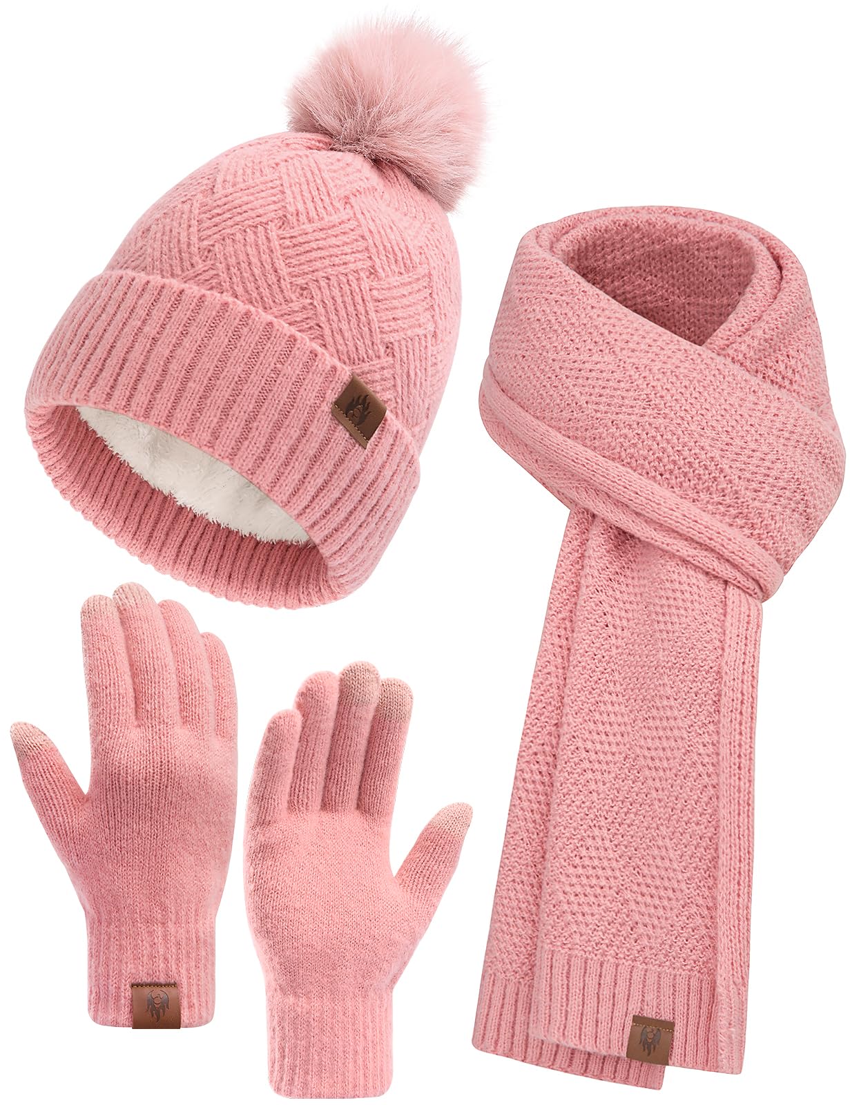 Voqeen Wintermuts, muts, sjaal, handschoenen, set voor dames, fleece voering, gebreide muts met pompon, touchscreen-handschoenen, zachte warmers, winter, oorbeschermers, sokken, cadeau, 5 sets voor