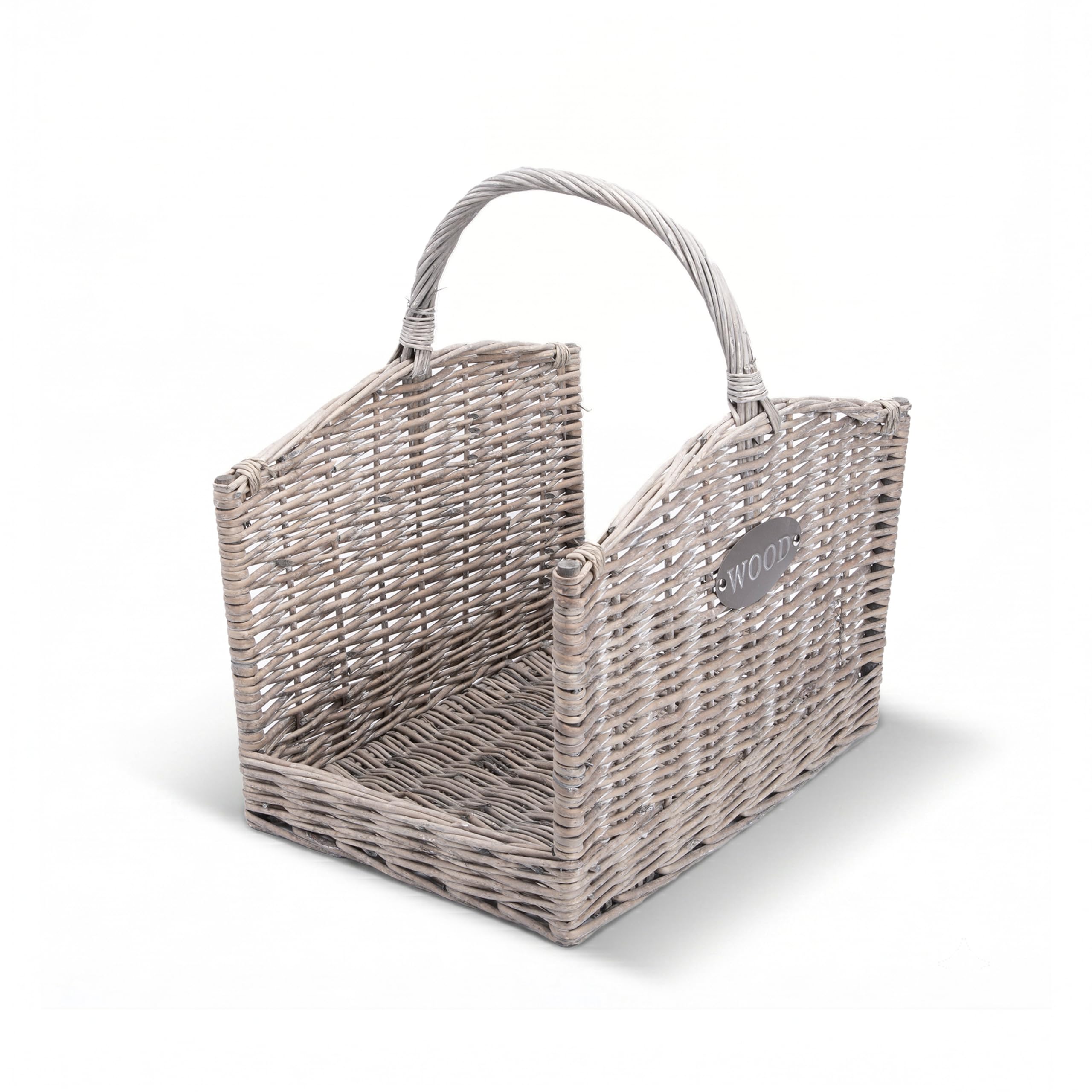 Wickerfield Grey Wicker Log Basket, Firewood Basket With Handle, Rustic Fireside Wood Storage Basket For Fireplace, Wood Burner And Kindling (Large)