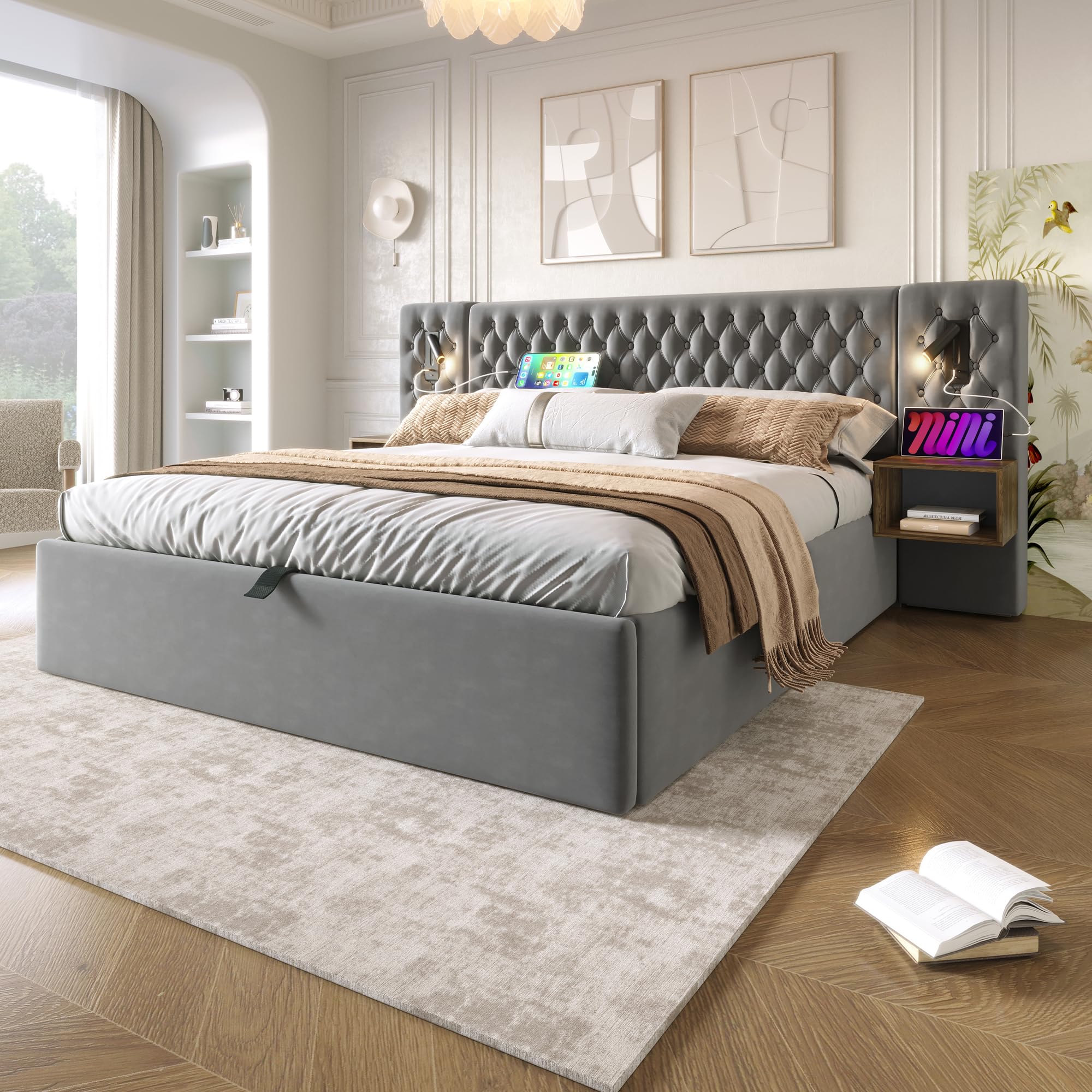 Cama de 180 x 200 cm con cabecero de luz de lectura y USB, cama tapizada de 180 x 200 cm con 2 mesitas de noche para dormitorio, juego completo, cama doble con somier, espacio de almacenamiento, cama