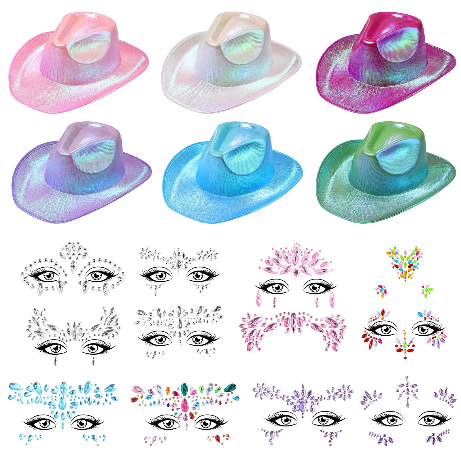 Haysandy 18 Pcs Holographic Space Cowgirl Hat with Face Jewels Rhinestones Neon Sparkly Cowboy Hat and Mermaid Face Gems for Women Men Costume Dress up Party Accessories