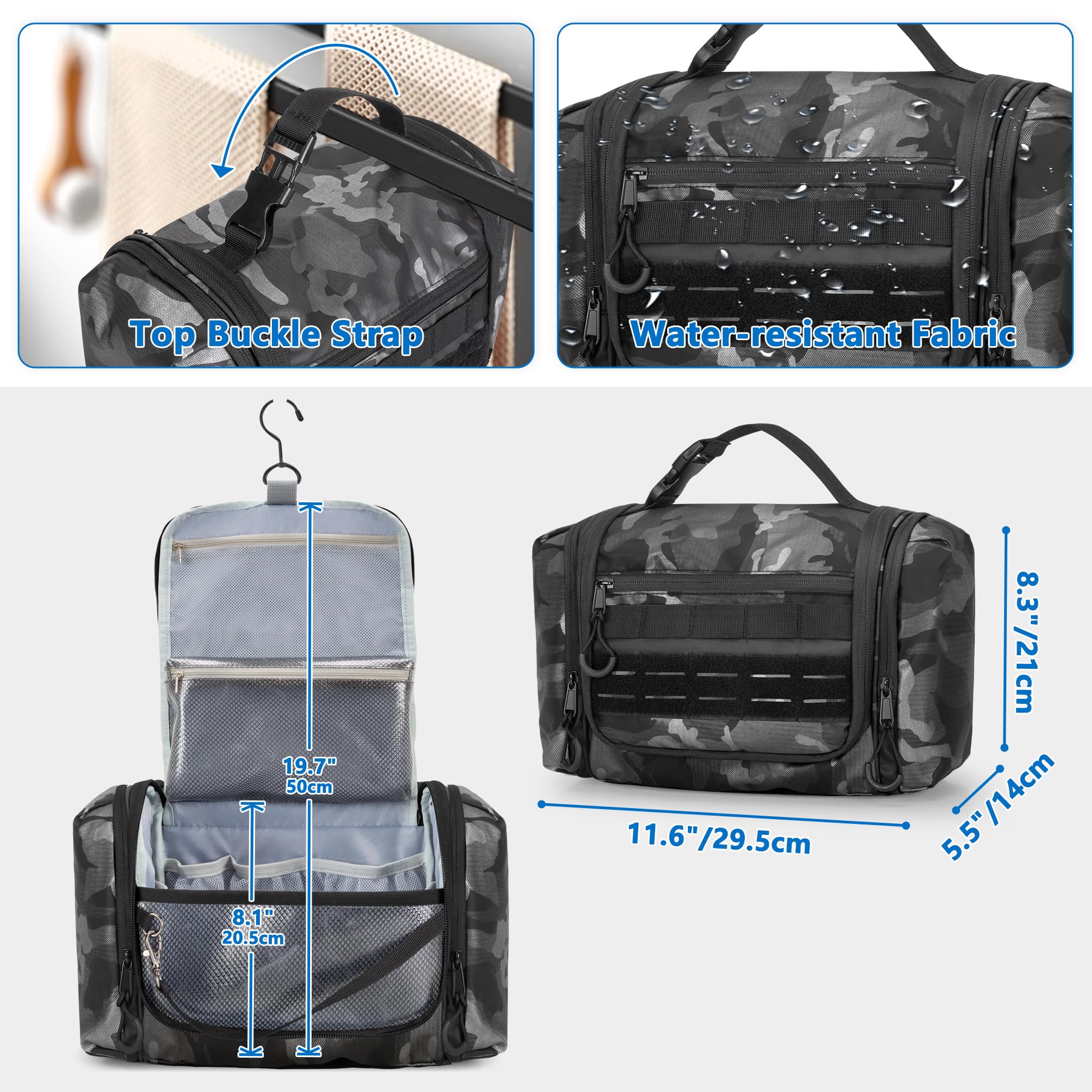 Neceser colgante para hombre, kit táctico de viaje, organizador de higiene grande, bolsa de ducha para acampar al aire libre, Camo Negro