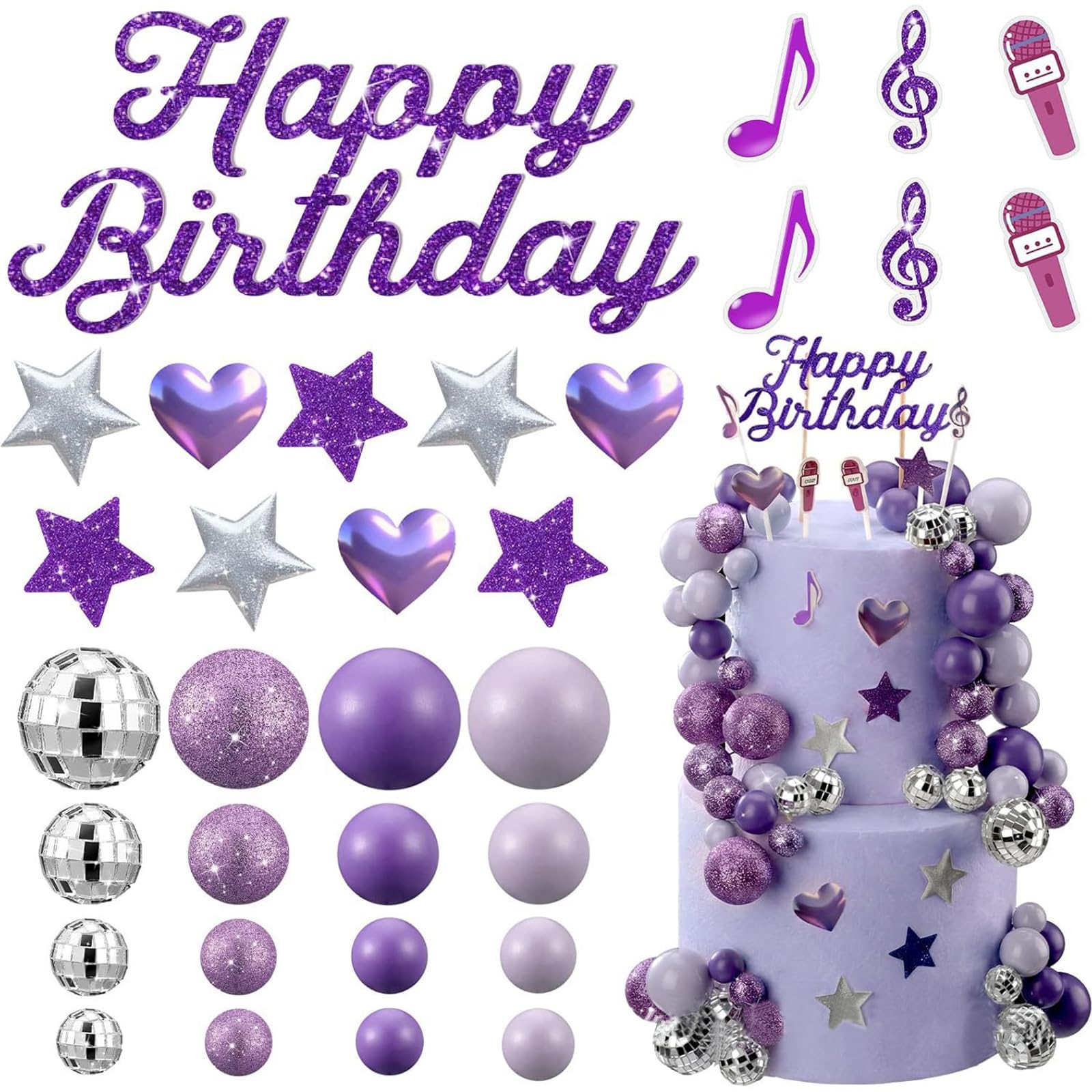 32Pcs Disco Ball Cake Decorations, Purple Disco Balls Cake Toppers, Singer Stars Cake Balls Decoration for Birthday Party