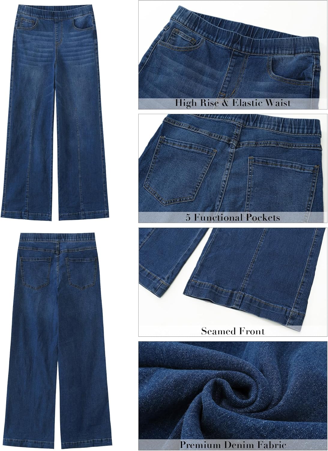 GRAPENT Pull On Womens Jeans Baggy Stretchy High Waisted Denim Wide Leg Trouser Pants Trendy Front Seam 90s Loose Jean - Image 5