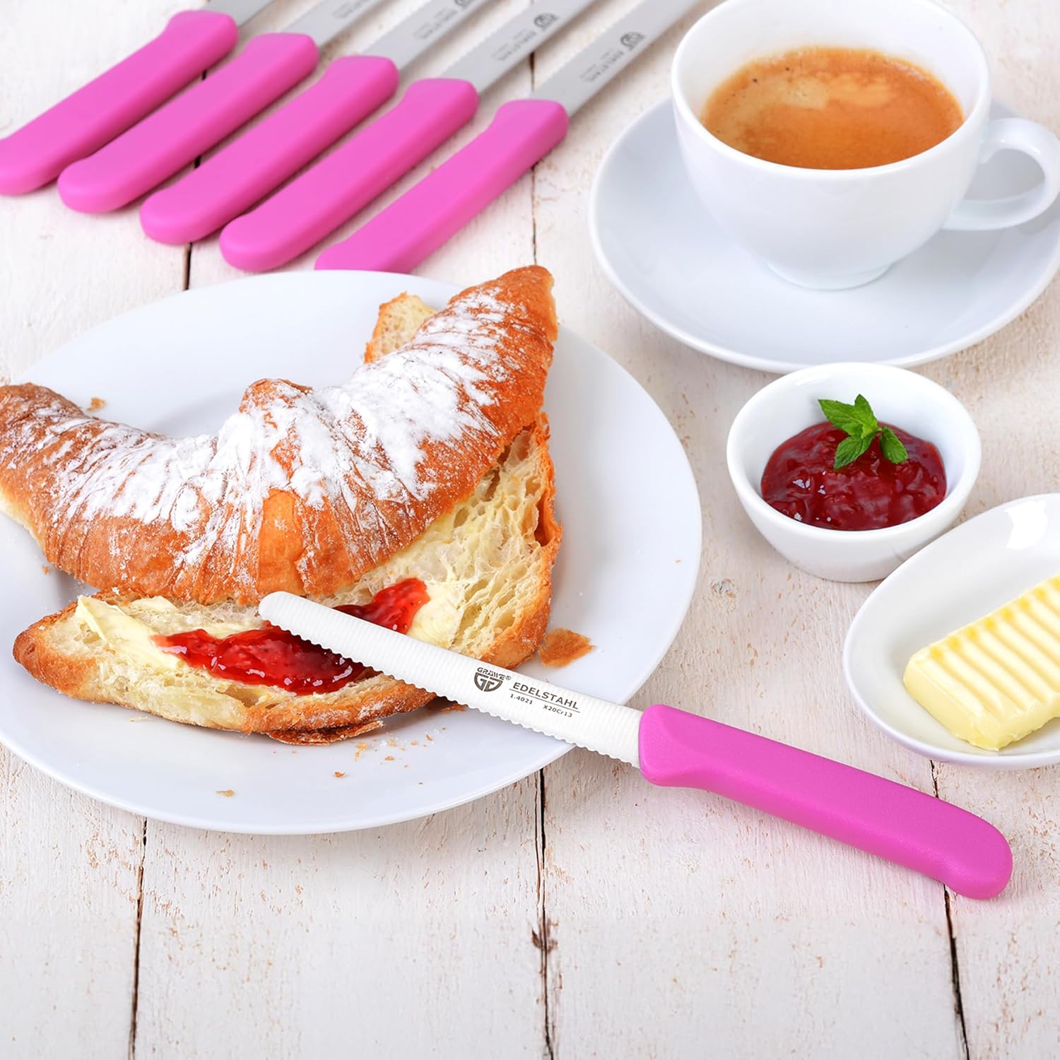 GRWE Table Knife Set - 6 Pieces, 8.3 Inch Bread Knives With Serrated Edge on One Side for Cutting and Breakfast - Pink
