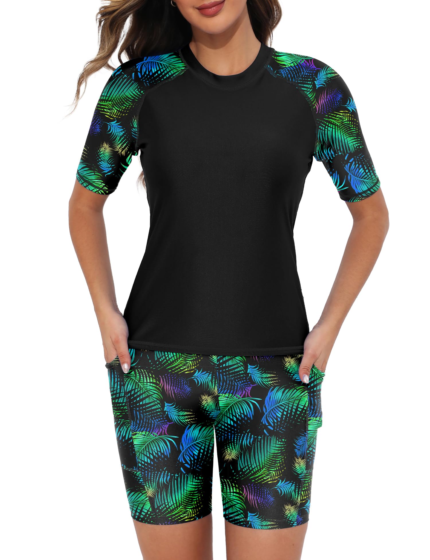 Tournesol Women's Two Piece Rash Guard Short Sleeve UPF 50+ Swim Shirts
