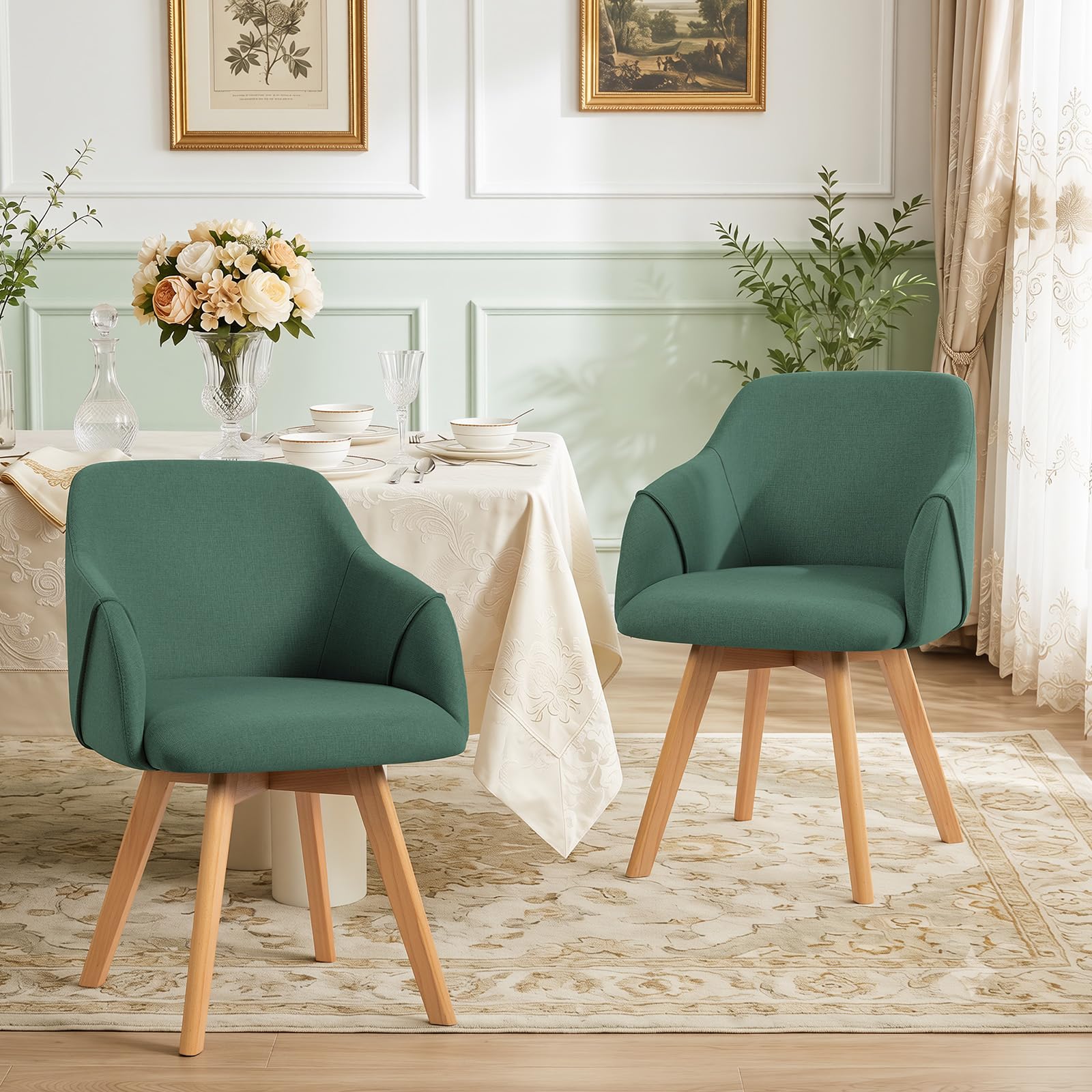 Bekrvio Juego de 2 sillas de Comedor giratorias 360°, Silla tapizada con reposabrazos, tapizada en Tela, Patas de Madera, diseño de Century, cómodas sillas de Cocina para Comedor y salón