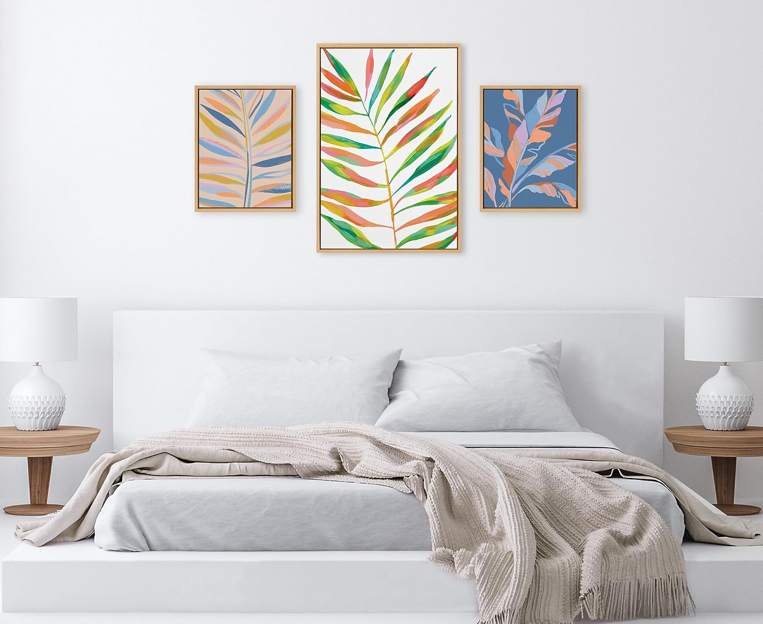 Kate and Laurel Sylvie EV Palma No. 2, Rainbow Palms Blush and Banana Leaves Framed Canvas Wall Art Set by Various Artists, 3 Piece Set Natural, Colorful Palm Branches Art for Wall