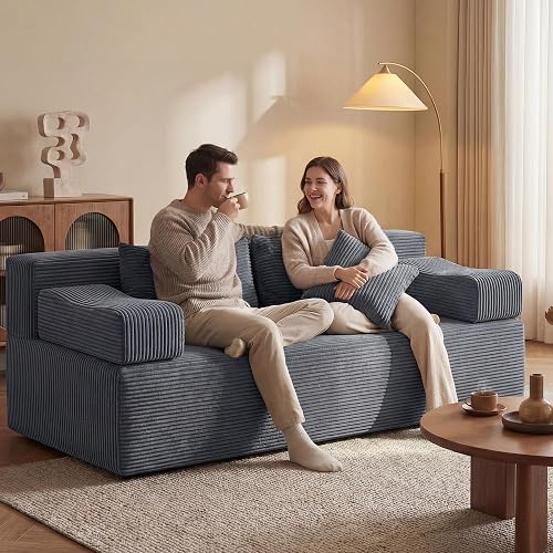 MONVANE 70" Boneless Loveseat Sofa, Grey | 4 Throw Pillows, Boneless Corduroy Cloud Couch, Removable Armrests, No Assembly Required