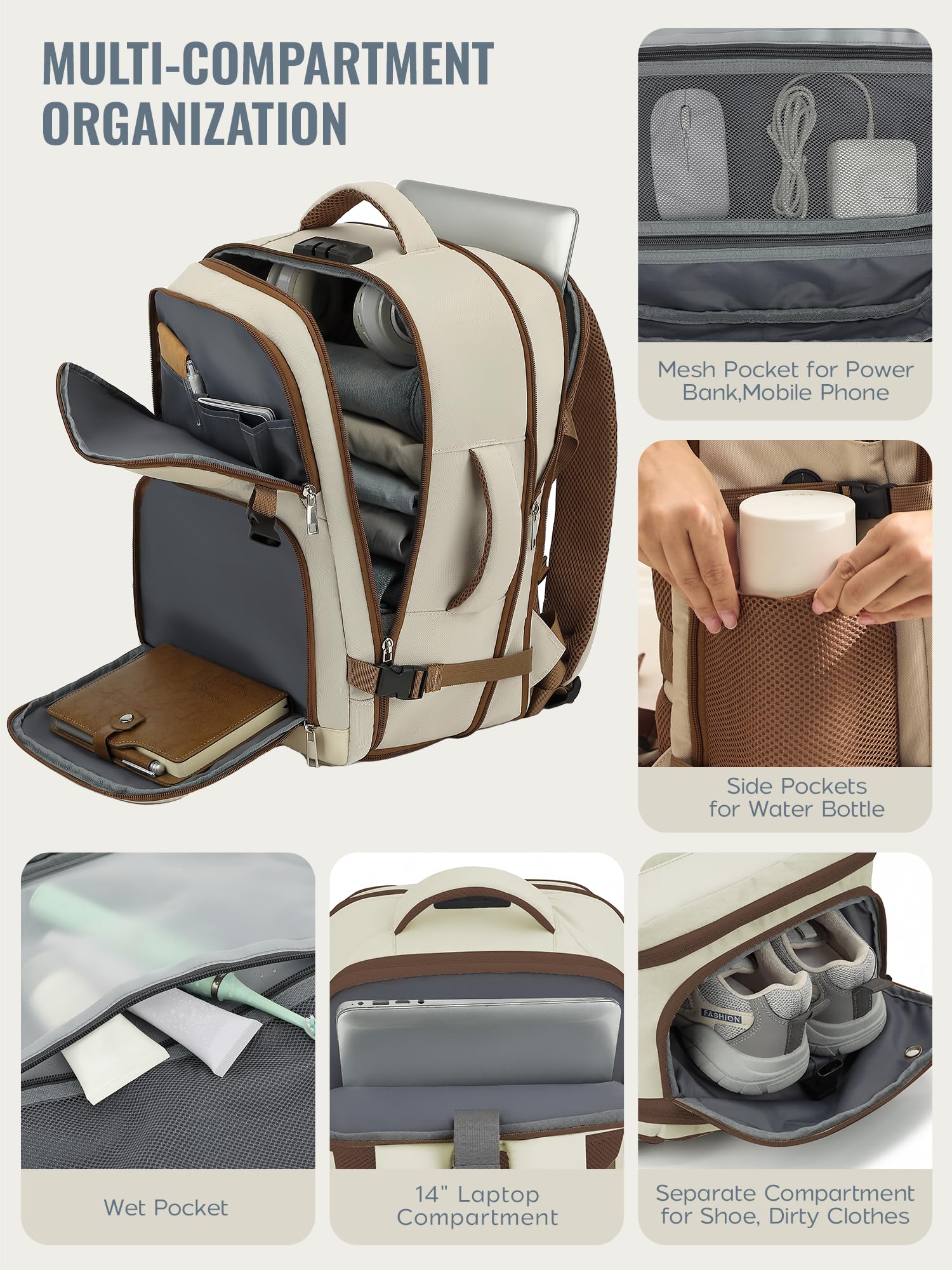 Ryanair - Equipaje de mano extensible (40 x 30 x 20, 40 x 30 x 25, 24 L hasta 30 L), beige, 40x30x20cm(24L-30L), Clásico | Eurowings EasyJet - Mochila de viaje para avión con cerradura de combinación para portátiles de 14 pulgadas, color negro