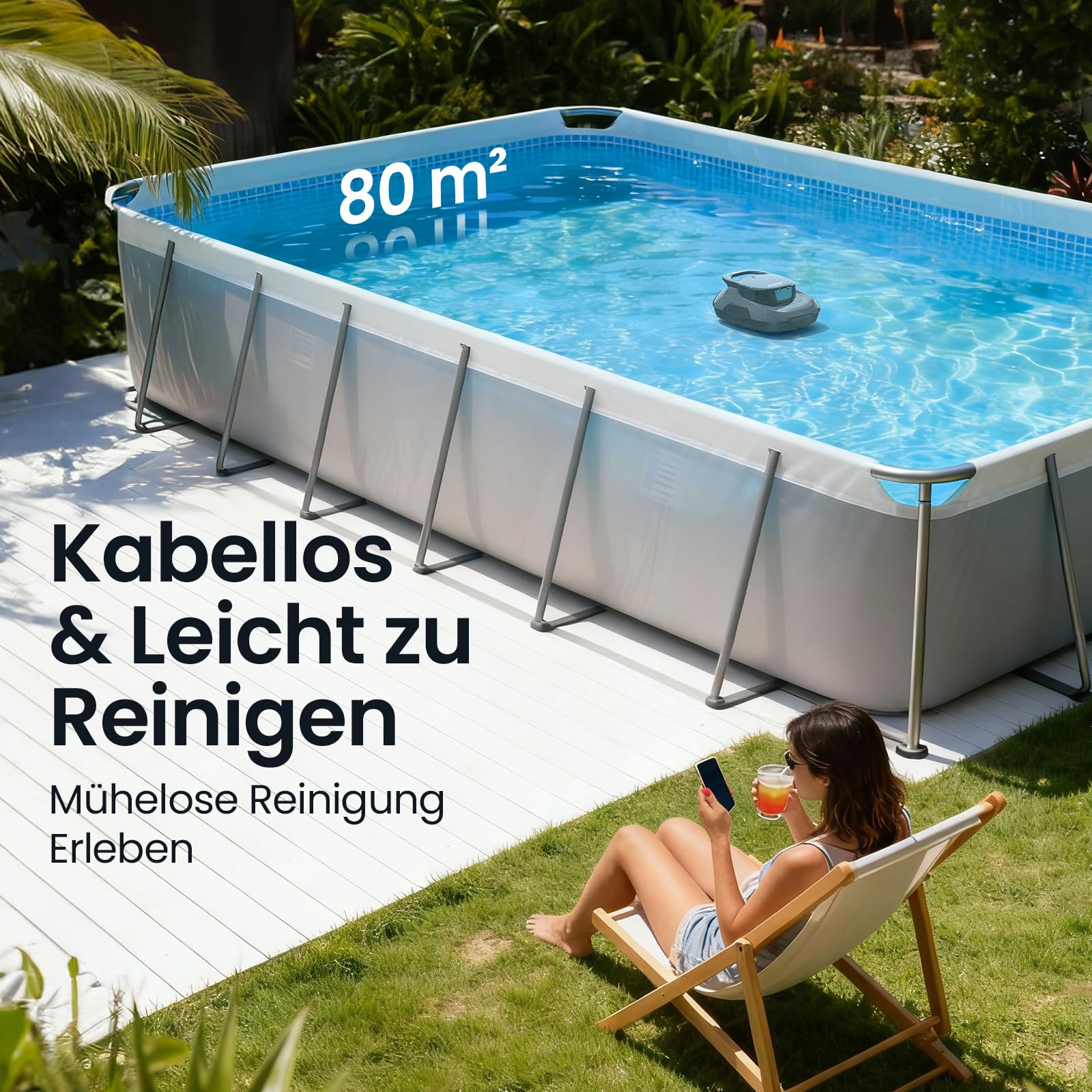 AIPER Poolroboter Kabelloser Poolsauger mit 90 Min Laufzeit Intelligentes Auto Parking Plus Leichtes Design Ideal für Bodenpools bis 80 m²