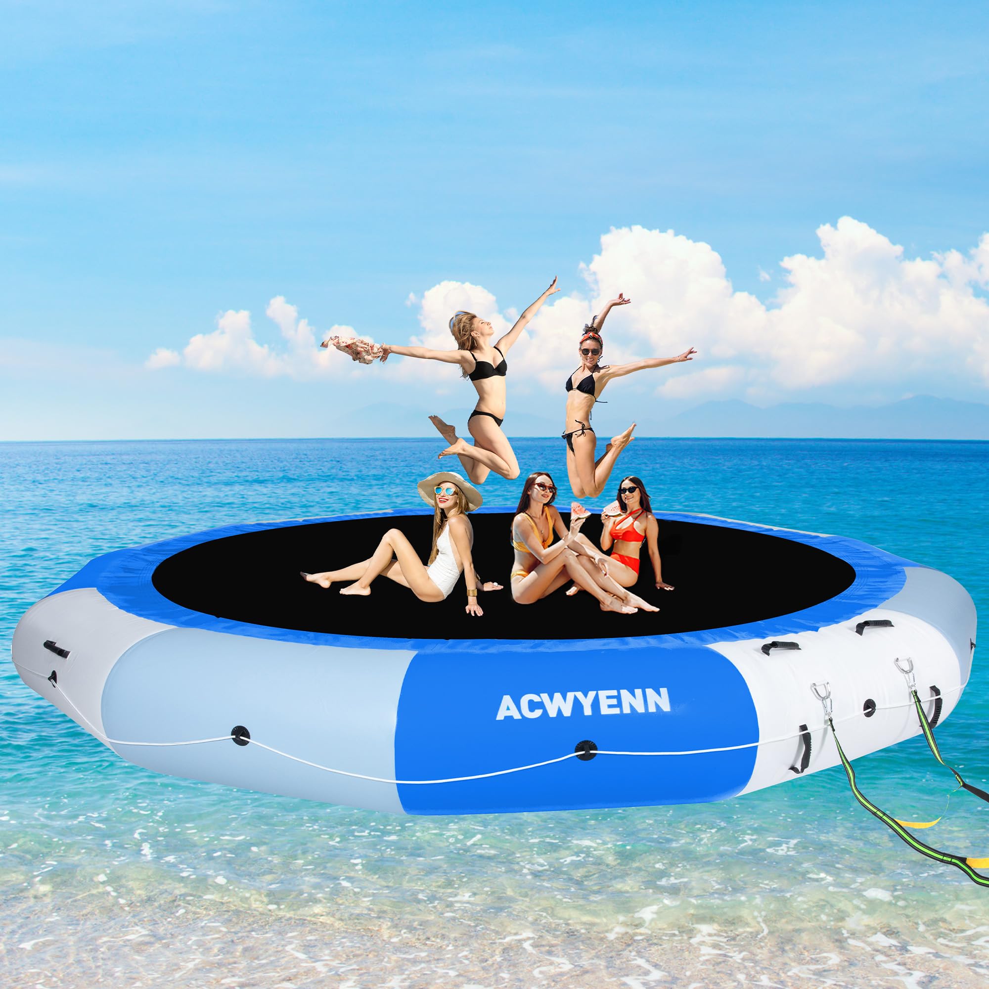 Photo 1 of *** USED/MAJOR DAMAGE/UNKNOWN MISSING PARTS***ACWYENN 10/12/15FT Inflatable Water Trampoline for Lake, Floating Water Trampoline with Rope Ladder and Mooring Ropes Without Pump Blue