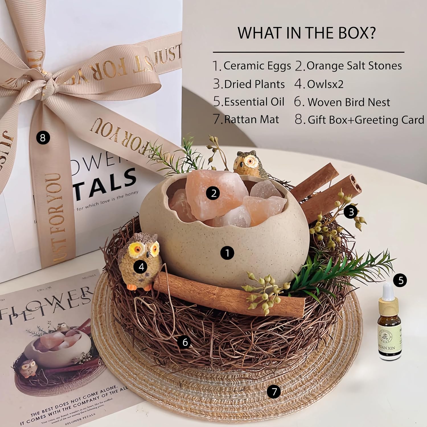 Handcrafted Bird's Nest Aromatherapy Set – Ceramic Egg Diffuser with Himalayan Salt Stone, 4 Premium Essential Oils, Luxury Gift Box for Mom, Sister, Her (Lavender)