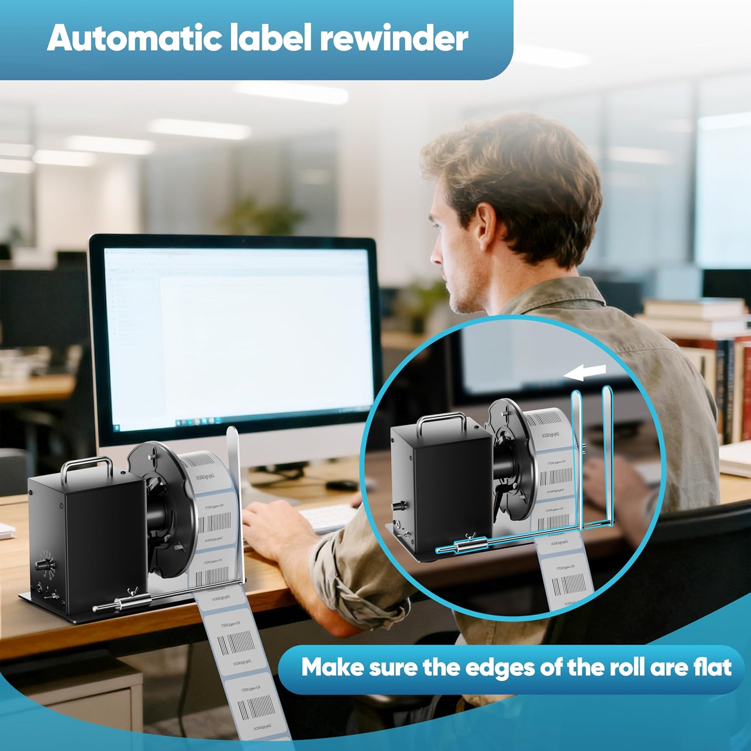 Automatic Label Rewinder,1"-3"Adjustable Core Holder,Stepless TransmissionLabel Rewinding Machine,Synchronize Stop with Printer,Two-Way Rewinding 185mm Label Roller for Commercial & Industrial Use