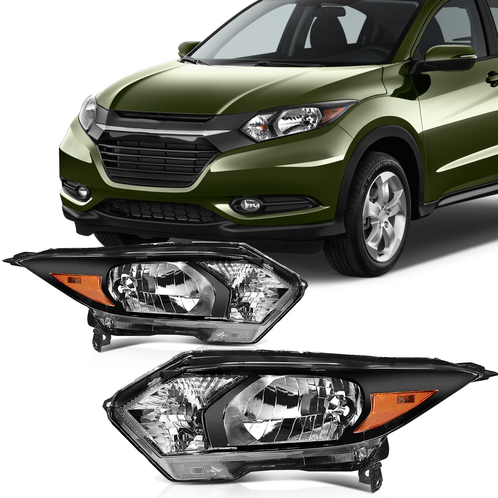 SCITOO Headlight Assembly Fits For Honda HR-V 2016-2018 headlamp in Black Housing Amber Reflector Clear Lens