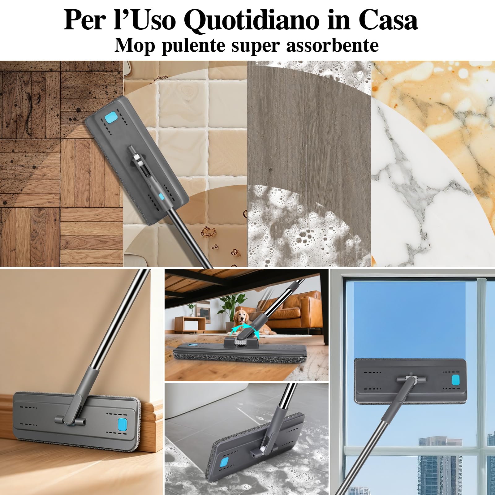MASTERTOP Mocio Piatto Lavapavimenti in Microfibra 140cm e Secchio Strizzatore con Mani Libere, Mocio Rotante 360°+ Secchio a 2 Scomparti, con 4 Pannis Riutilizzabili (Grigio scuro)