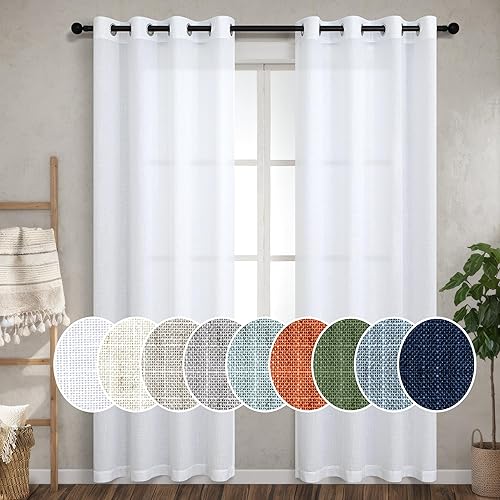 Pitalk 102 Inch Grommet Curtains White Linen Drapes for Bedroom 2 Panels Set Cotton Textured Lace Look Semi Sheer Light Filter Curtains for Living Room Bay Window Vintage Farm House Home Decor 52x102