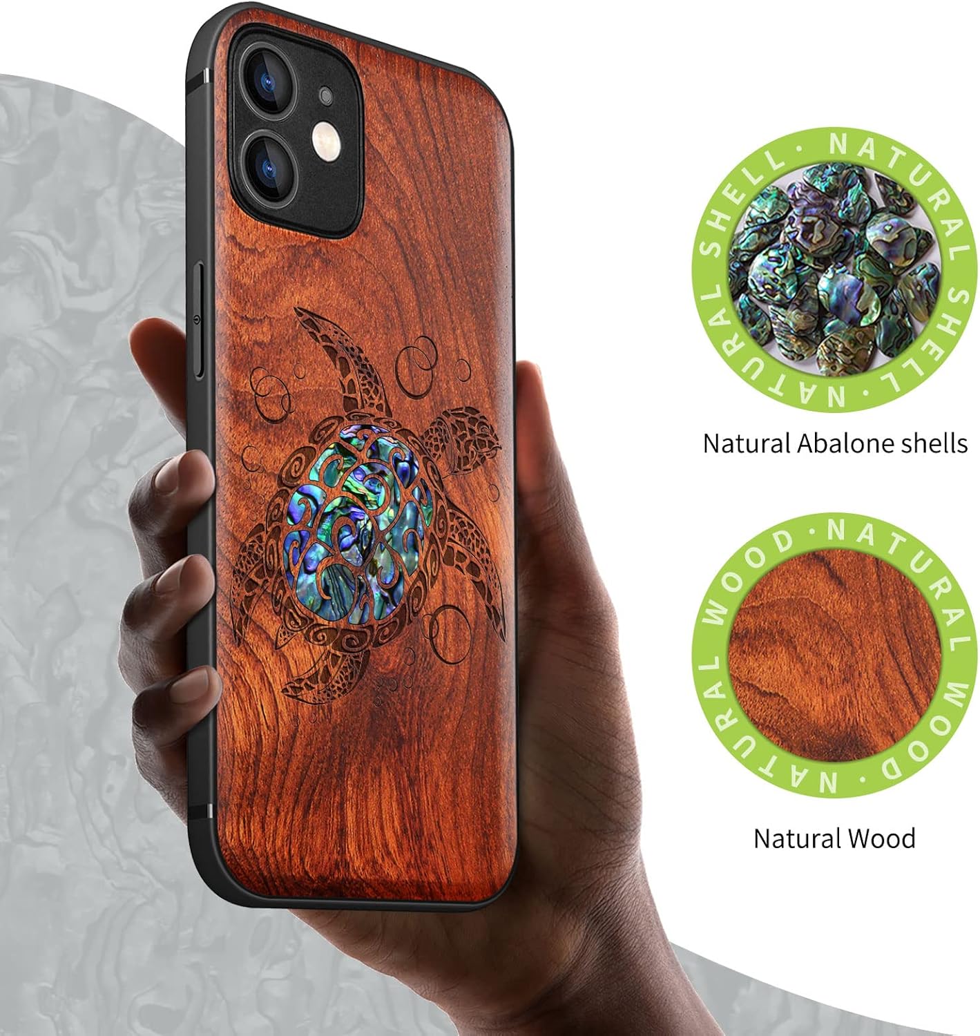 Carveit Designer Wooden Protective Case for iPhone 12 Magnetic Cover [Wood Engraving & Shell Inlay] Wood Phone Case Compatible with iPhone 12 MagSafe 6.1 Inch (Sea Turtle-Rosy)