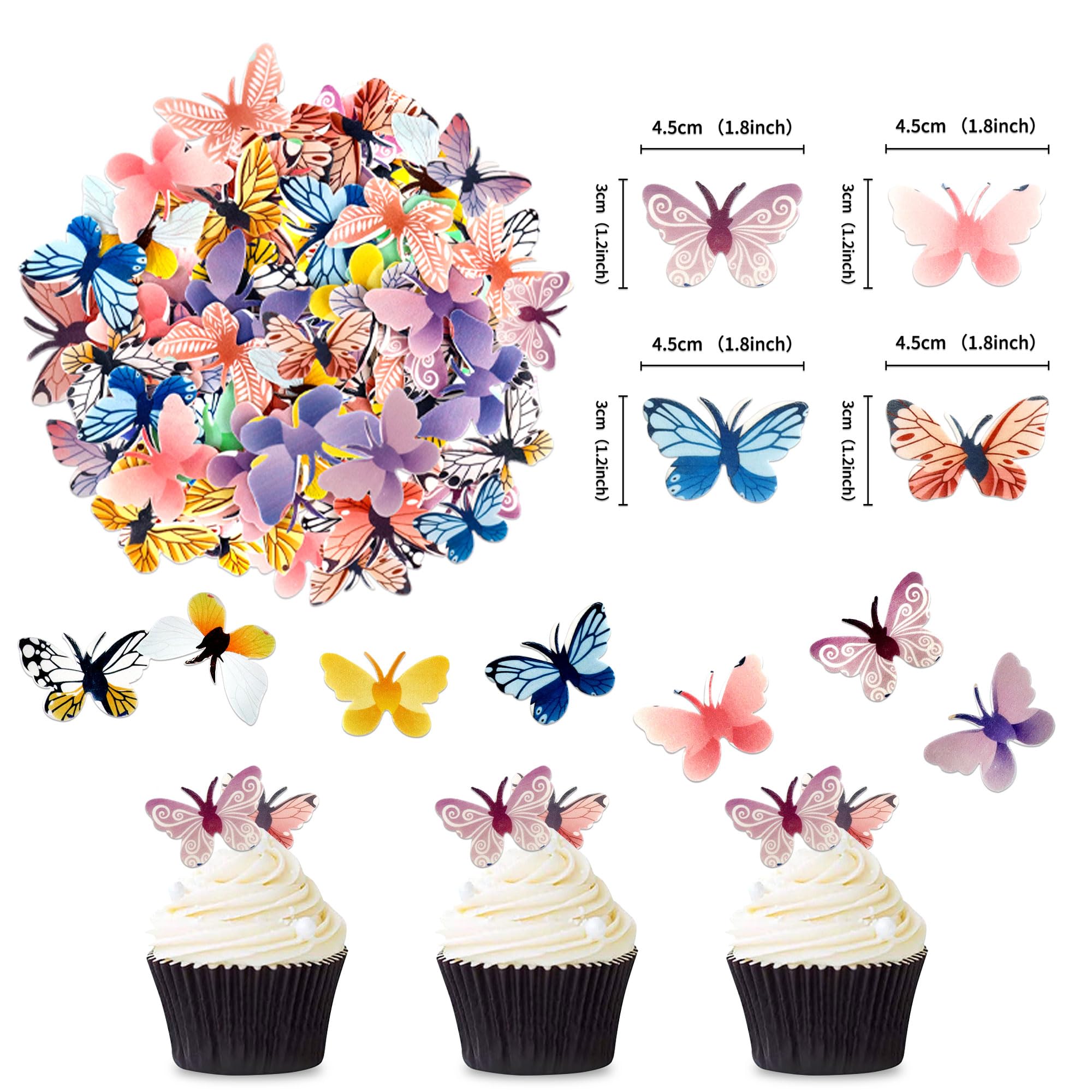 Ercadio 72 Pack Edible Colorful Butterfly Cupcake Toppers Butterfly Cupcake Picks Edible Butterfly Cupcake Drink Topper Decor for Butterfly Theme Baby Shower Kids Birthday Party Cake Supplies