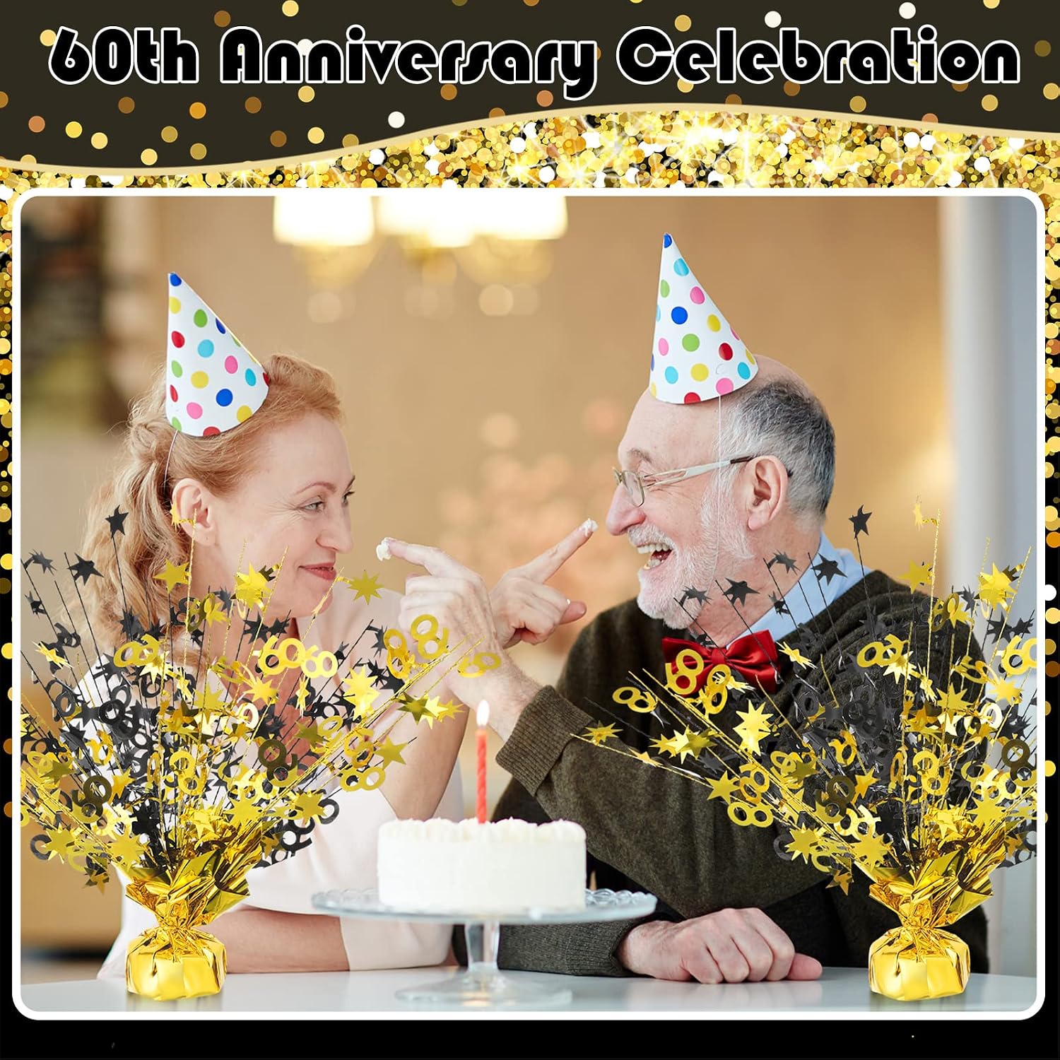 3 Pcs Happy 60th Birthday Table Decorations 60th Birthday Centerpieces for Table Metallic Gold Gleam 60th Wedding Anniversary Decorations Party Supplies for Black and Gold 60 Year Old Party, 14 Inch