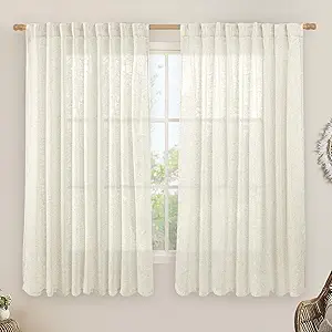 LAMIT Light Filtering Natural Linen Curtains 63 inches Long, Ivory Cream Linen Textured Semi Sheer Back Tab and Rod Pocket Boho Drapes for Bedroom/Living Room, 2 Panels, 70 x 63 Inch
