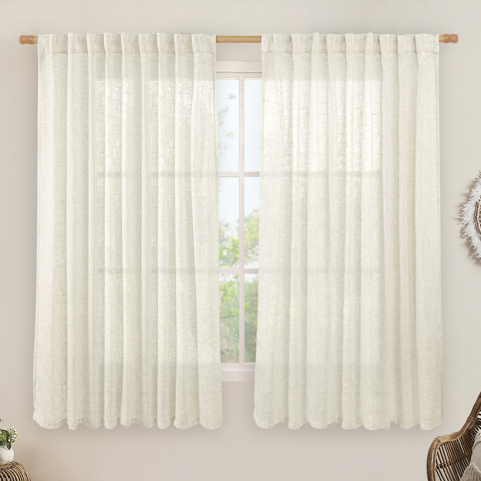 LAMIT - Light Filtering Natural Linen Curtains 63 Inches Long Ivory Cream Linen Textured Semi Sheer Back Tab Rod Pocket Boho Curtains for Bedroom/Living Room