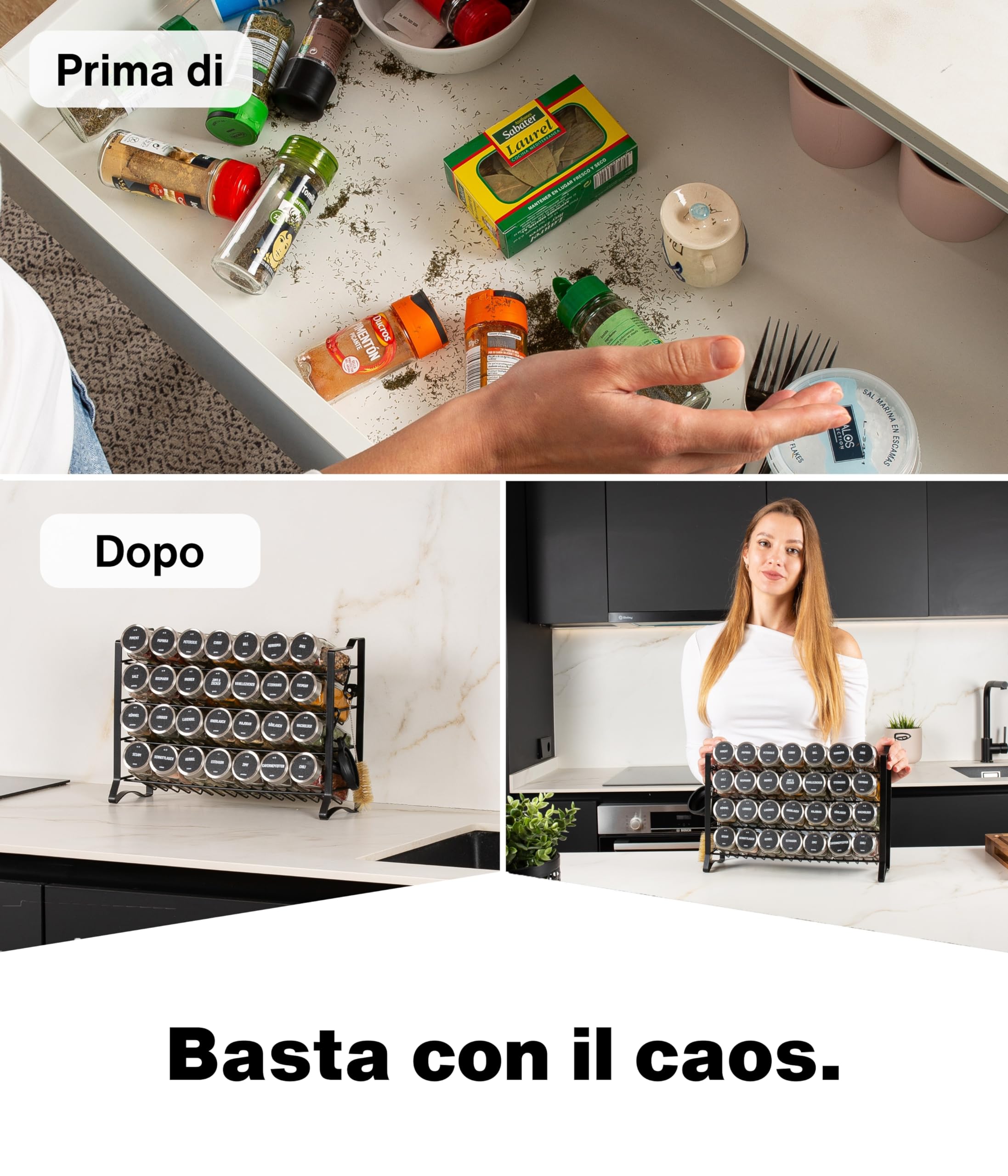 Deco haus® Porta Spezie per Cucina - Portaspezie con 28 Barattoli Spezie, Portaspezie Salvaspazio, Set Cucina 28 Vasetti di Spezie, 144 Etichette Spazzola Imbuto Ganci - Design Indipendente o da Paret
