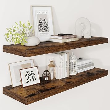Vivelove Deep Floating Shelves 36x12 Set of 2, Rustic Brown | Easy Install With Hardware, 2" Thick, Invisible Brackets, Wall Mounted, No Sagging, For Any Room