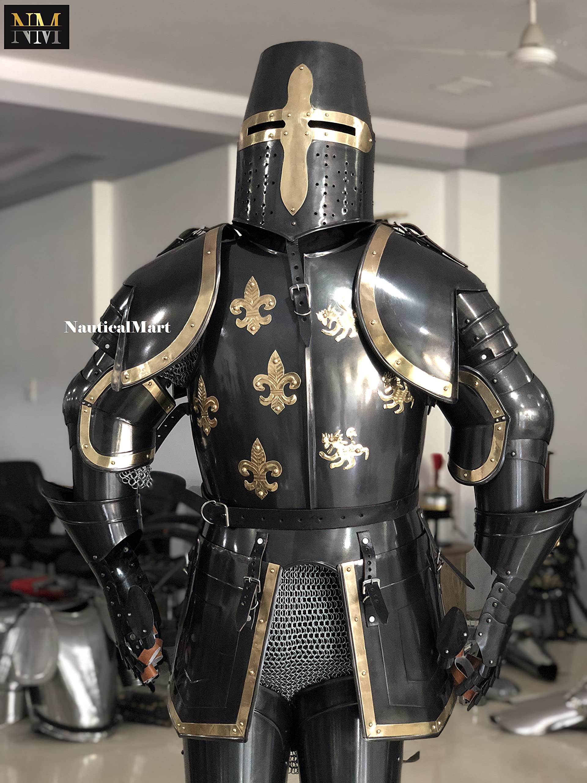 NauticalMart Full Size 6 Feet Knights Templar Suit Of Armour Medieval Roman Armor Suit Solid Steel with Crotch Complete Home Decor Item