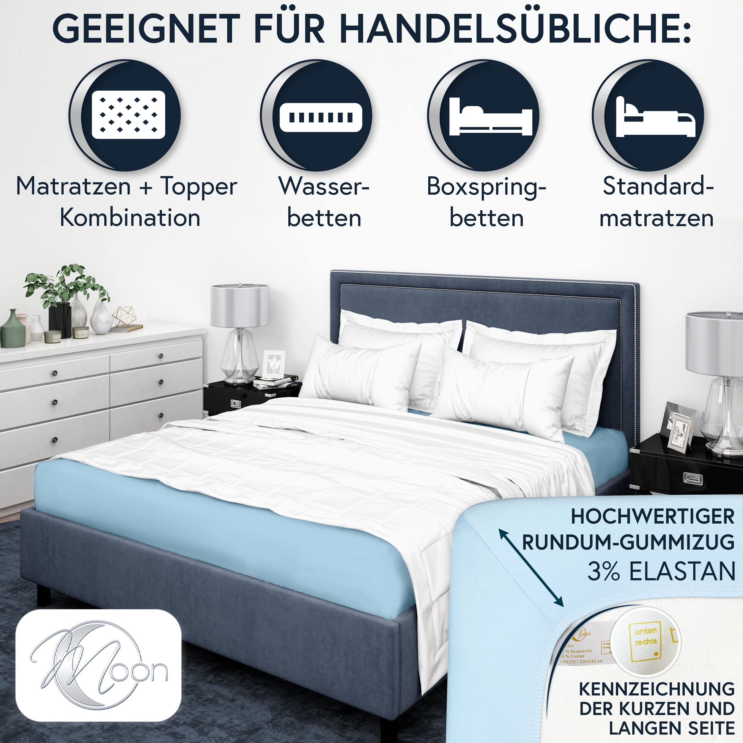 Moon de Luxury – Sábana bajera ajustable (Jersey Stretch 230 g/m² para camas de agua, con canapé y Camas, algodón, azul claro, 140x200 - 160x220