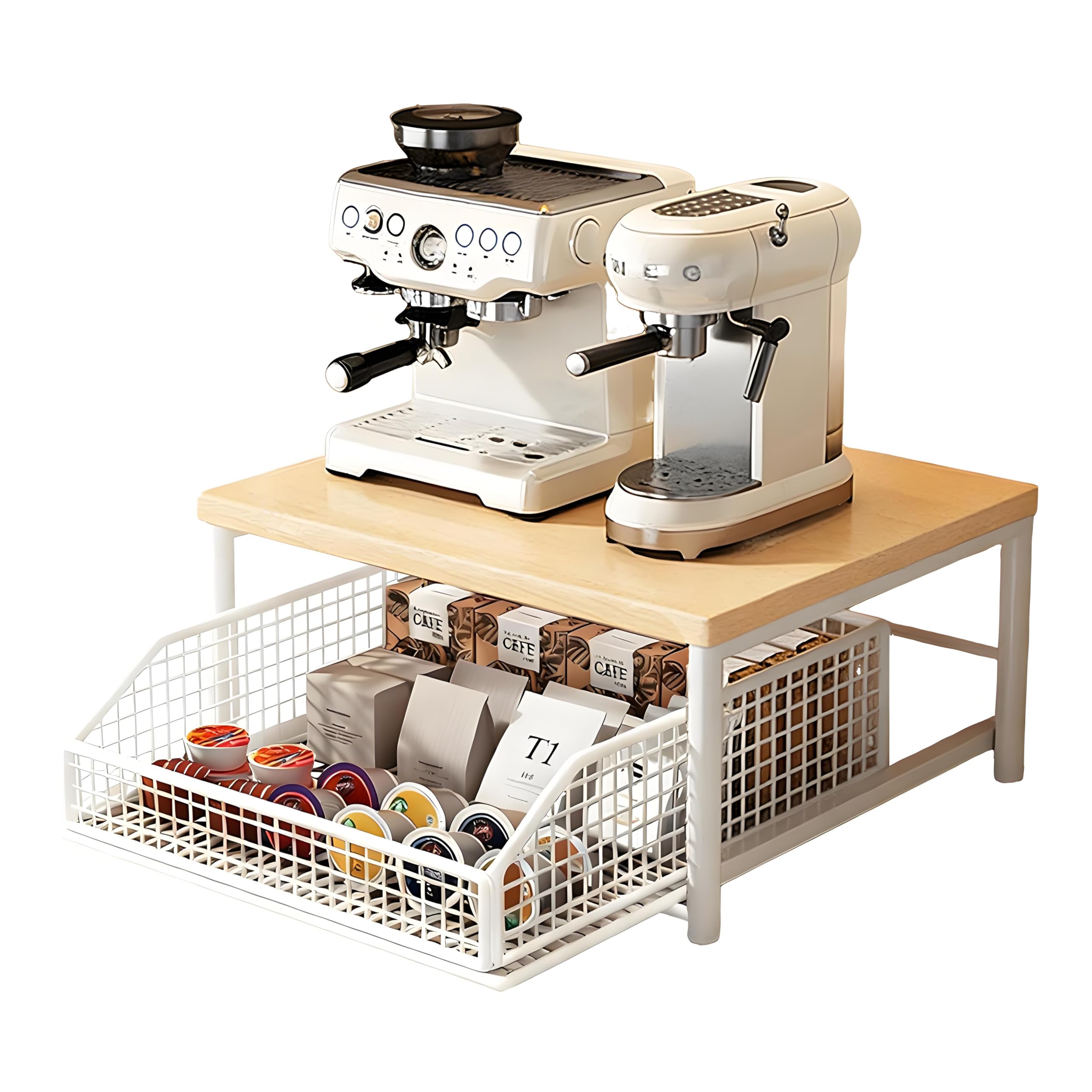 Coffee Pod Drawer Holder, Coffee Machine Stand with Wooden Top, Tea Bag Storage Basket Drawer, Space Saving Countertop Organizer for Kitchen Office (White)