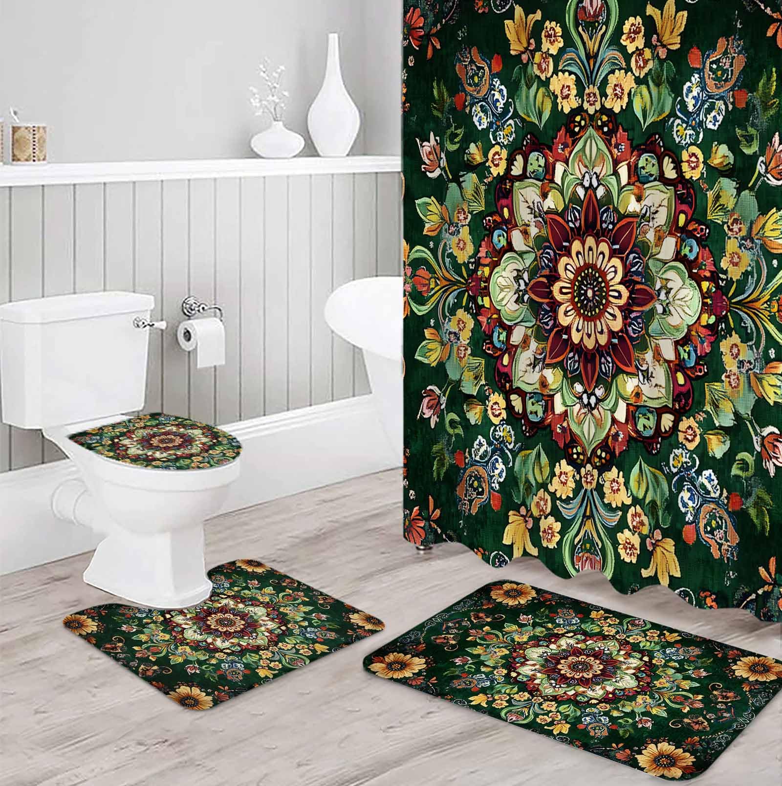 Boho Flower Bathroom Set with Shower Curtain and Rug Accessories - 36x72 Inches Long Bohemian Gorgeous Patterns Ethnic Bohemian Stall Curtain Waterproof with Small Bath Mat,Washable Runner Rug Set