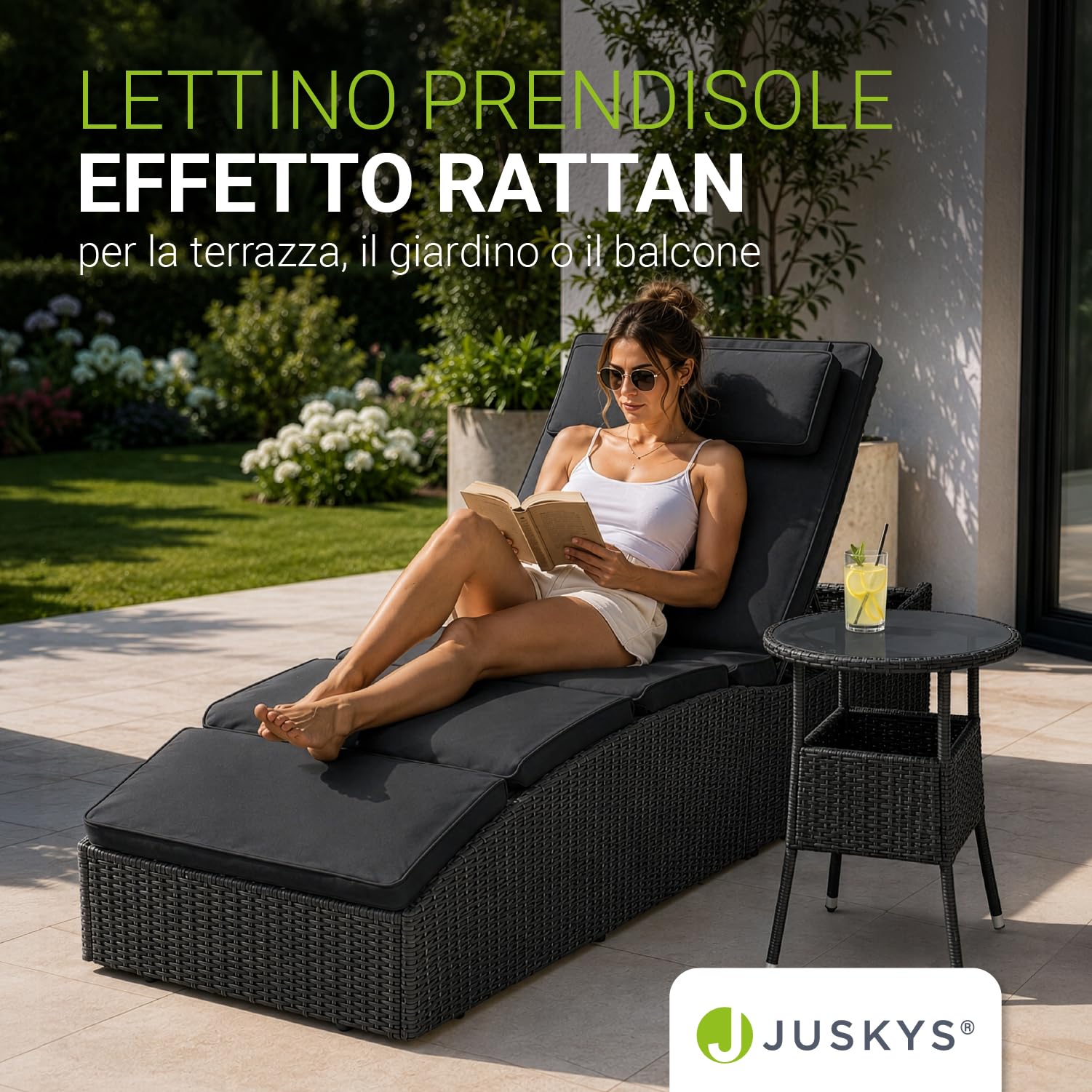 Juskys sdraio pieghevole Lamia – Da giardino, balcone, esterno – Polyrattan con cuscino e poggiatesta regolabile – Caricabile fino a 160 kg – Nero