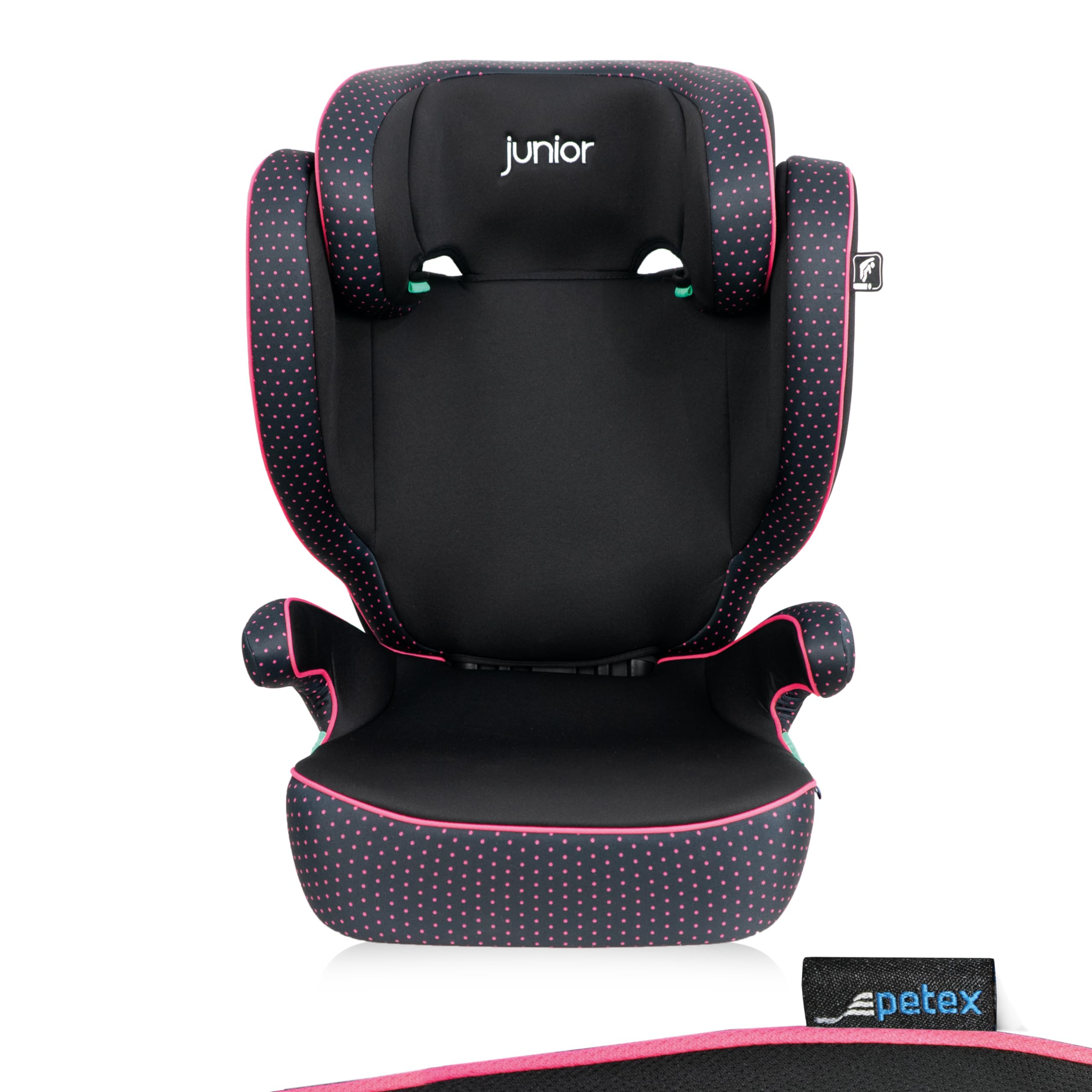 PETEX Fotelik samochodowy dla dzieci z ISOFIX – Basic Plus i-Size zgodny z normą ECE R129 dla dzieci w wieku od ok. 100 – 150 cm, regulowana wysokość fotelika samochodowego w kolorze różowym, 1 sztuka