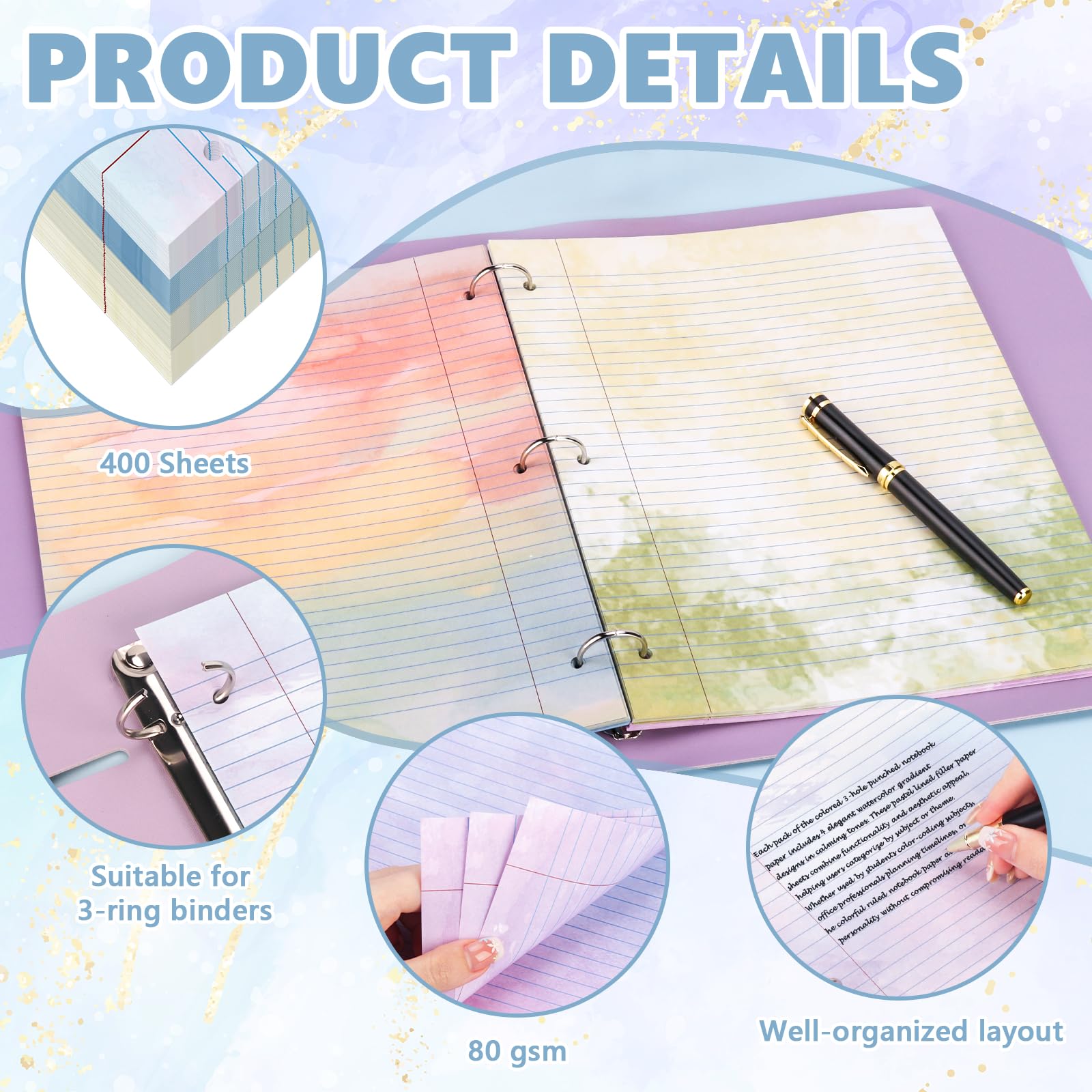 400 hojas de papel de hojas sueltas de color tamaño carta con rayas universitarias para carpeta de 3 anillas de 8.5 x 11 pulgadas, cuaderno de papel rayado de color con rayas universitarias, 3