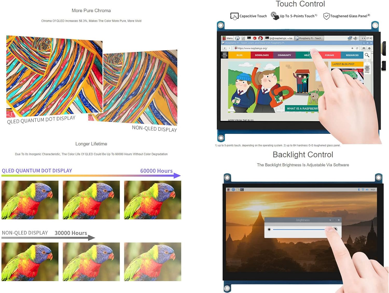 Waveshare 7inch QLED Quantum Dot Display Capacitive Touch Screen 1024×600 G+G Toughened Glass Panel Support Raspberry Pi 5/4B/3B/Zero/Zero W/Zero 2W/Pico/Pico W/Pico WH, Jetson Nano/PC/Game Console