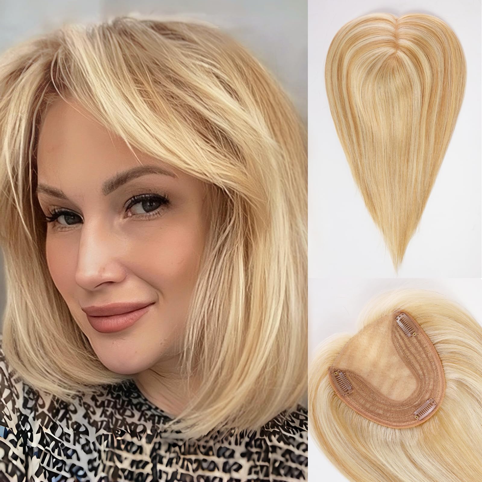 HAIRCUBE Hair Toppers for Women Real Human Hair With Bangs 5 * 5.5 inch Base 14 inch Light Blonde&Bleach Blonde Human HairTopper for Women with ThinningHair Cov