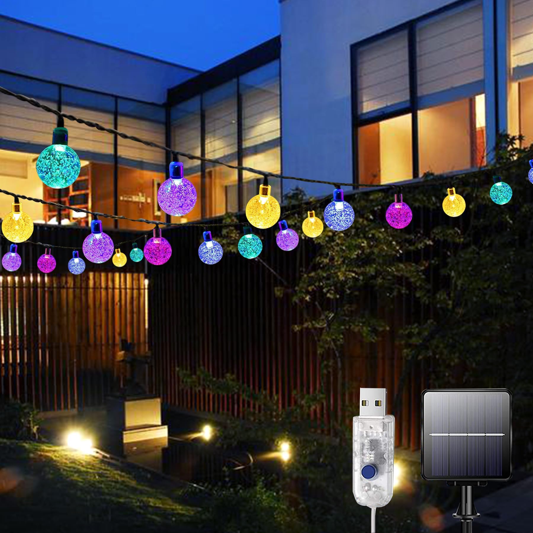 60 LED Solar String Lights Waterproof, 26FT 8 Modes USB Powered Outdoor Fairy Lights for Patio,2 in 1 Solar Garden Lights,Gazebo,Wedding Decorations,Party (Multi-Coloured)