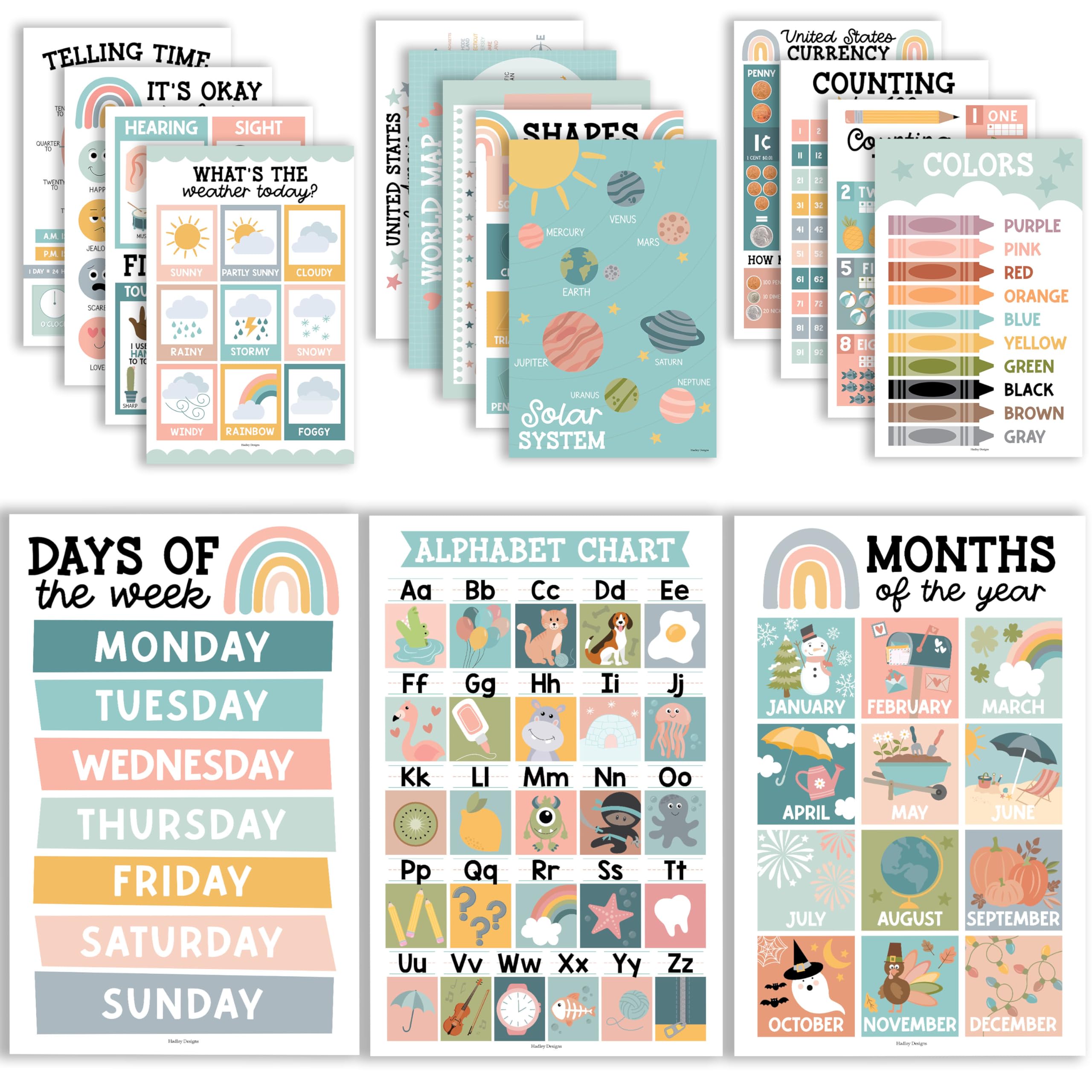 Hadley Designs 16 Educational Posters for Toddlers 1-3, Laminated Toddler Learning Posters for Preschool & Kindergarten, ABC Chart, Numbers, Colors, Shapes, Days of The Week, Boho Classroom Decor
