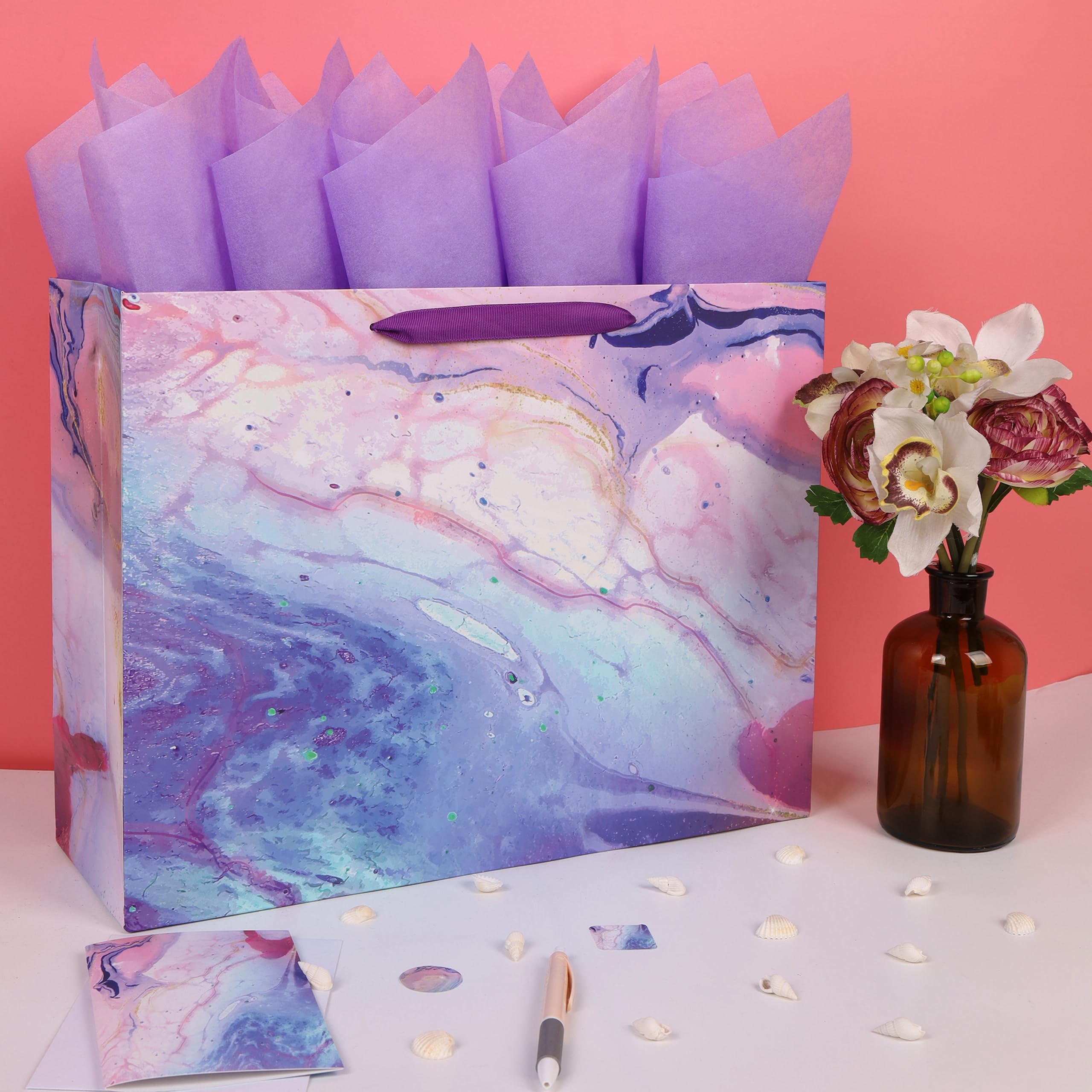 Juego de bolsas de regalo de mármol morado extra grande de 16.5 pulgadas con asas, tarjeta de felicitación, papeles de seda y calcomanías para mujeres, niñas, niños, adolescentes, para cumpleaños, día