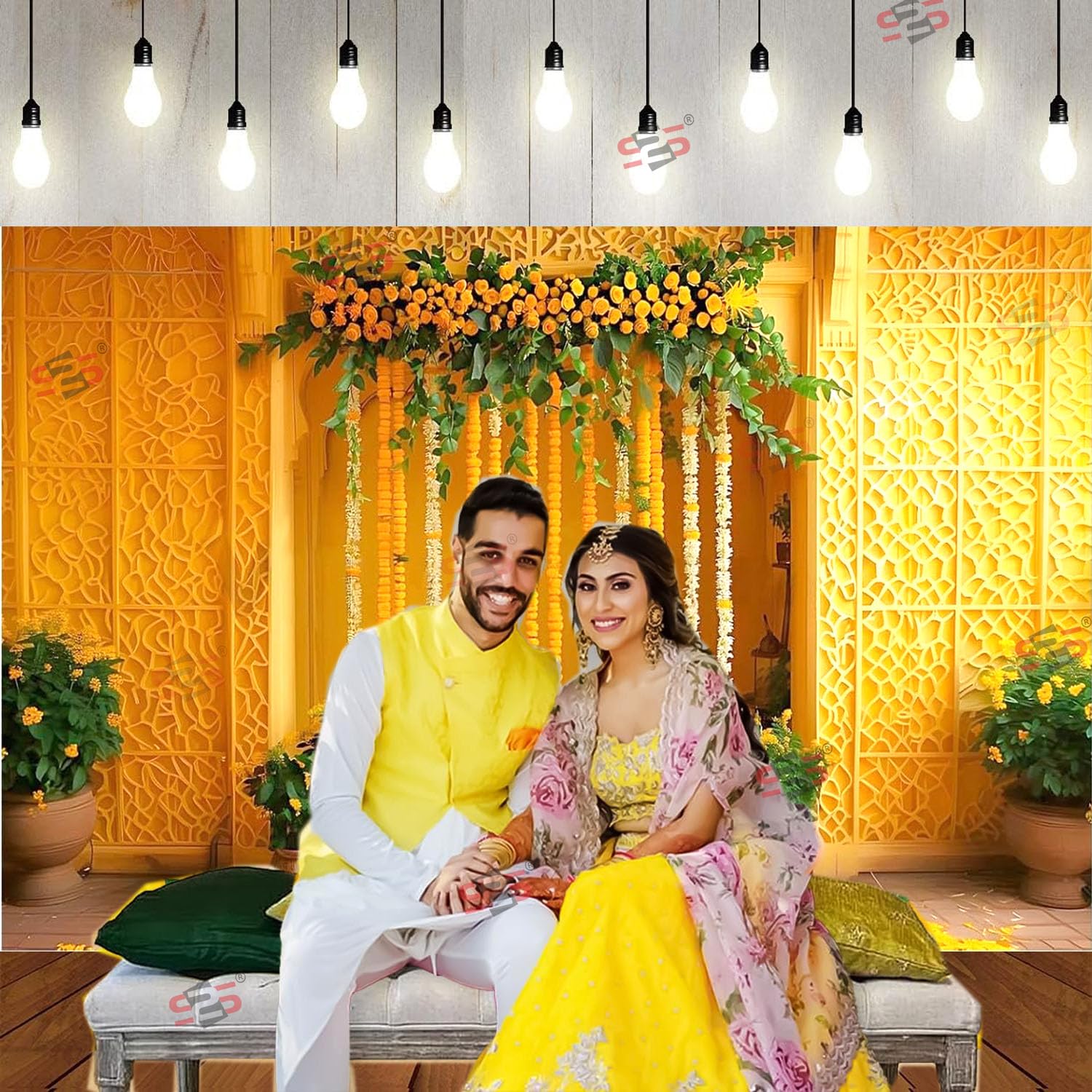 S2S Stylish Yellow Haldi Decorative Backdrop Cloth | Haldi Decoration Items for Home | Backdrop for Pooja Decoration - (5 x 8 Feet) 1