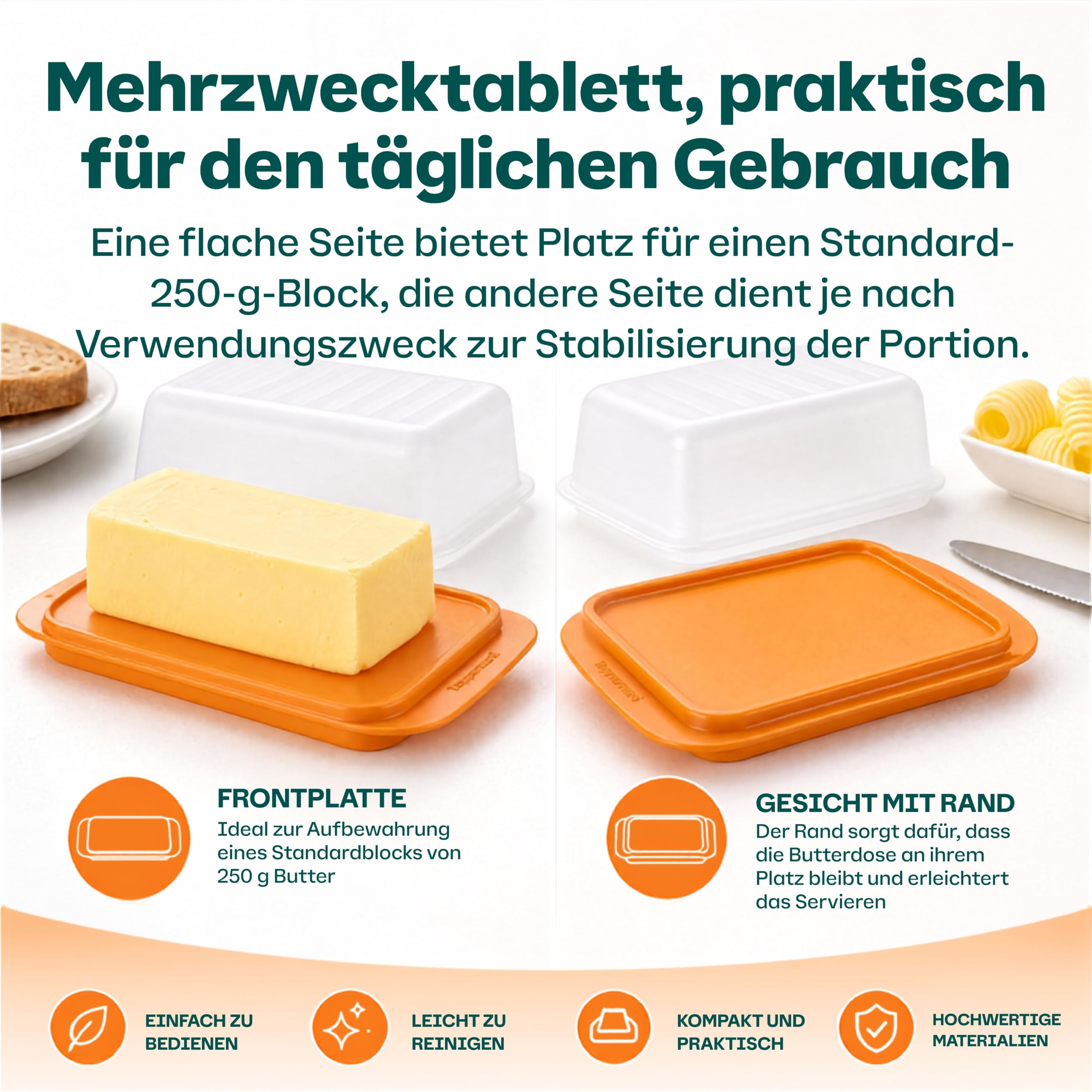 Tupperware Butterdose in Orange/Weiß - Butterbox mit Deckel für 250 g Butter - Kunststoff, beidseitig nutzbare Platte, spülmaschinengeeignet - 16,5 x 11 x 7 cm