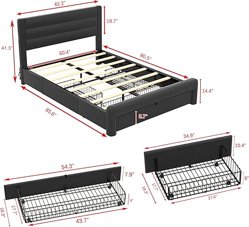 Miniatura 2 de Base de cama tapizada de tamaño Queen con 3 cajones de almacenamiento y cabecero, cama de almacenamiento Queen de piel sintética con estación de