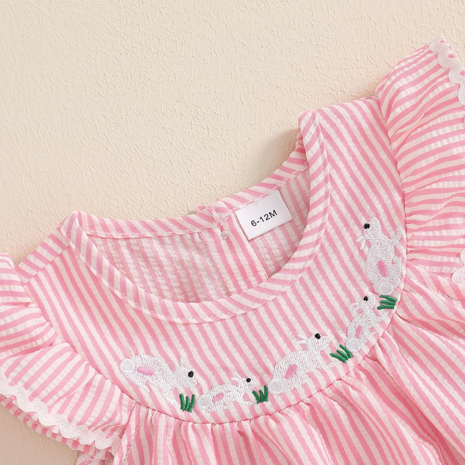 Madjtlqy Toddler Baby Girl Easter Outfit Dress Bunny Embroidery Striped Ruffled Sleeve Dresses - Image 4