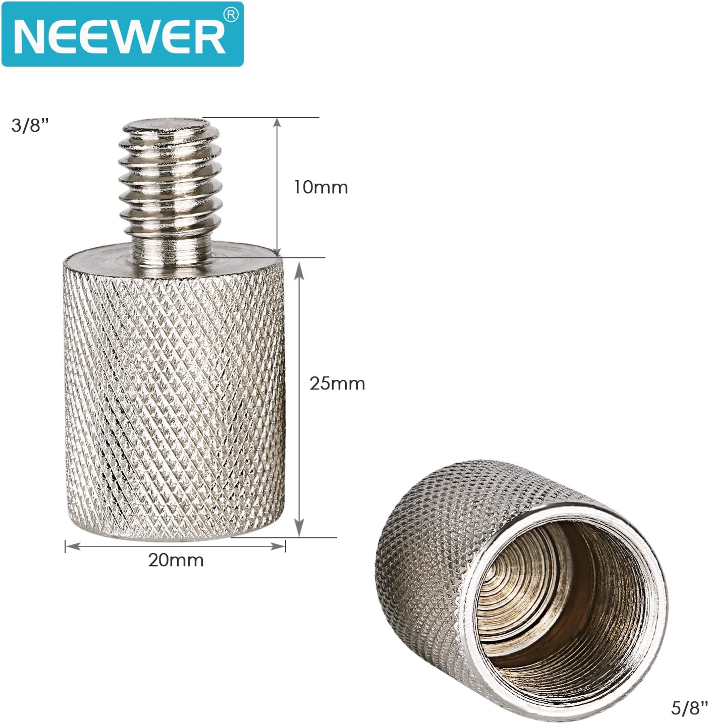 Neewer Nickel Brass Durable Solid 2 Pieces 3/8-inch Male to 5/8-inch Female Screw Thread Adapter for Microphone Mounts and Stands (Silver)