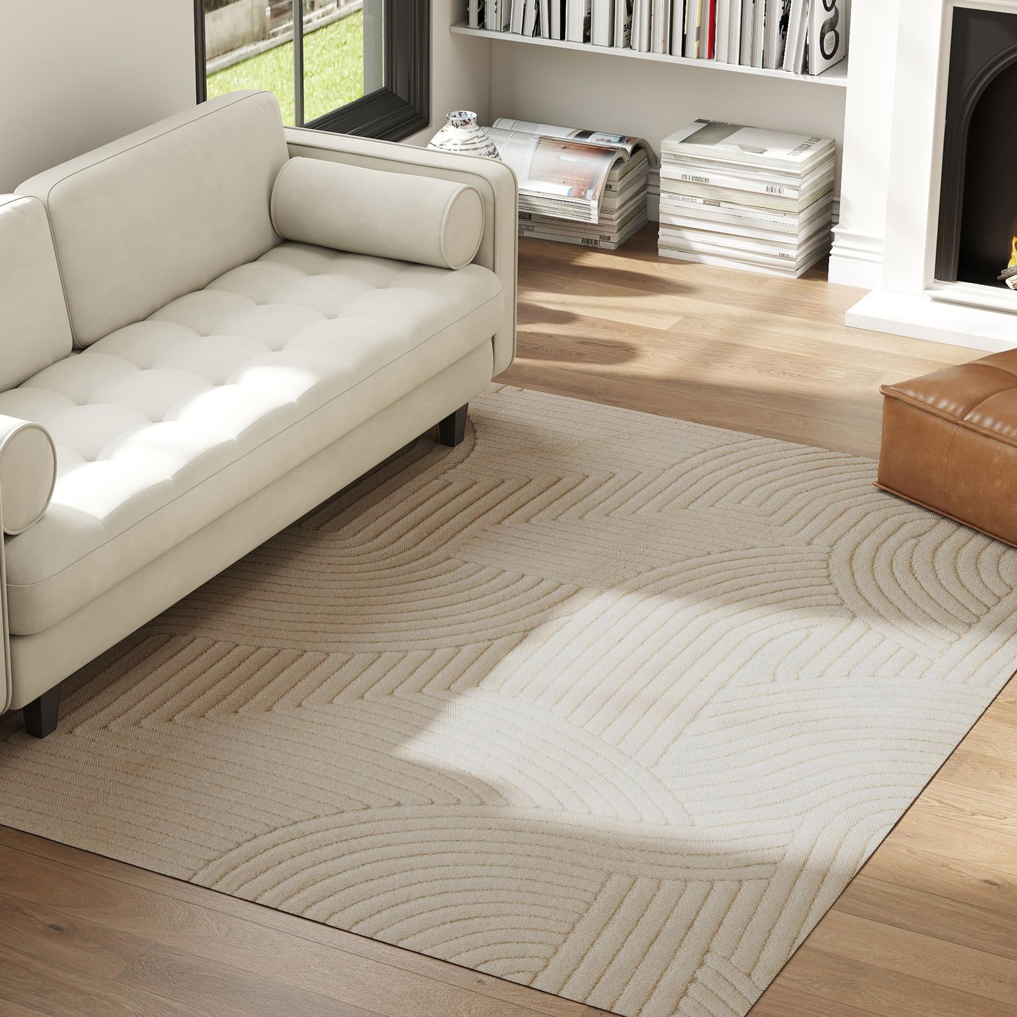 HOMCOM Tappeto Moderno Antiscivolo in Poliestere e Cotone, Tappeto Pelo Corto con Design di Linee, per Soggiorno, Camera da Letto, Sala da Pranzo, 230x160x1.7 cm, Crema