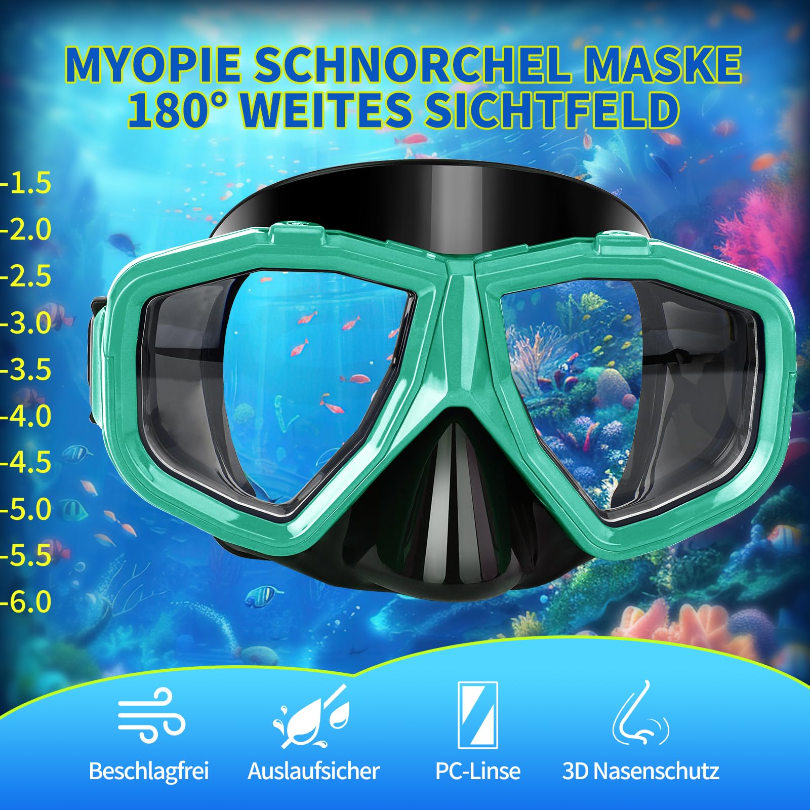 Attrezzatura da snorkeling intercambiabile per adulti e adolescenti con miopia, maschera subacquea anti-appannamento per snorkeling miopi e completamente asciutti in silicone per immersioni