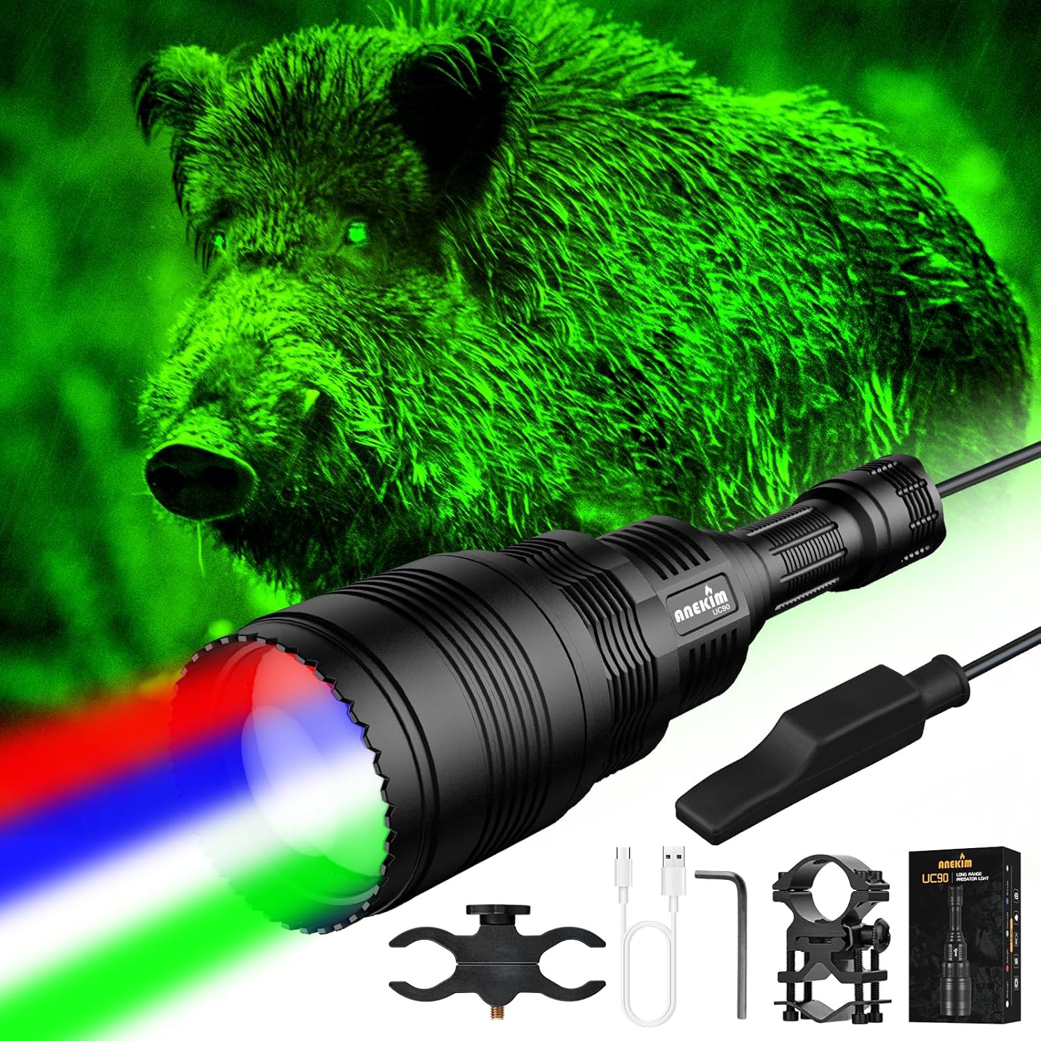 UC90 New 4-Color-in-1 (Red, White, Green,Blue) Circular Spotlight Hunting Light Predator Flashlight kit（Adjustable Light spot Clarity）
