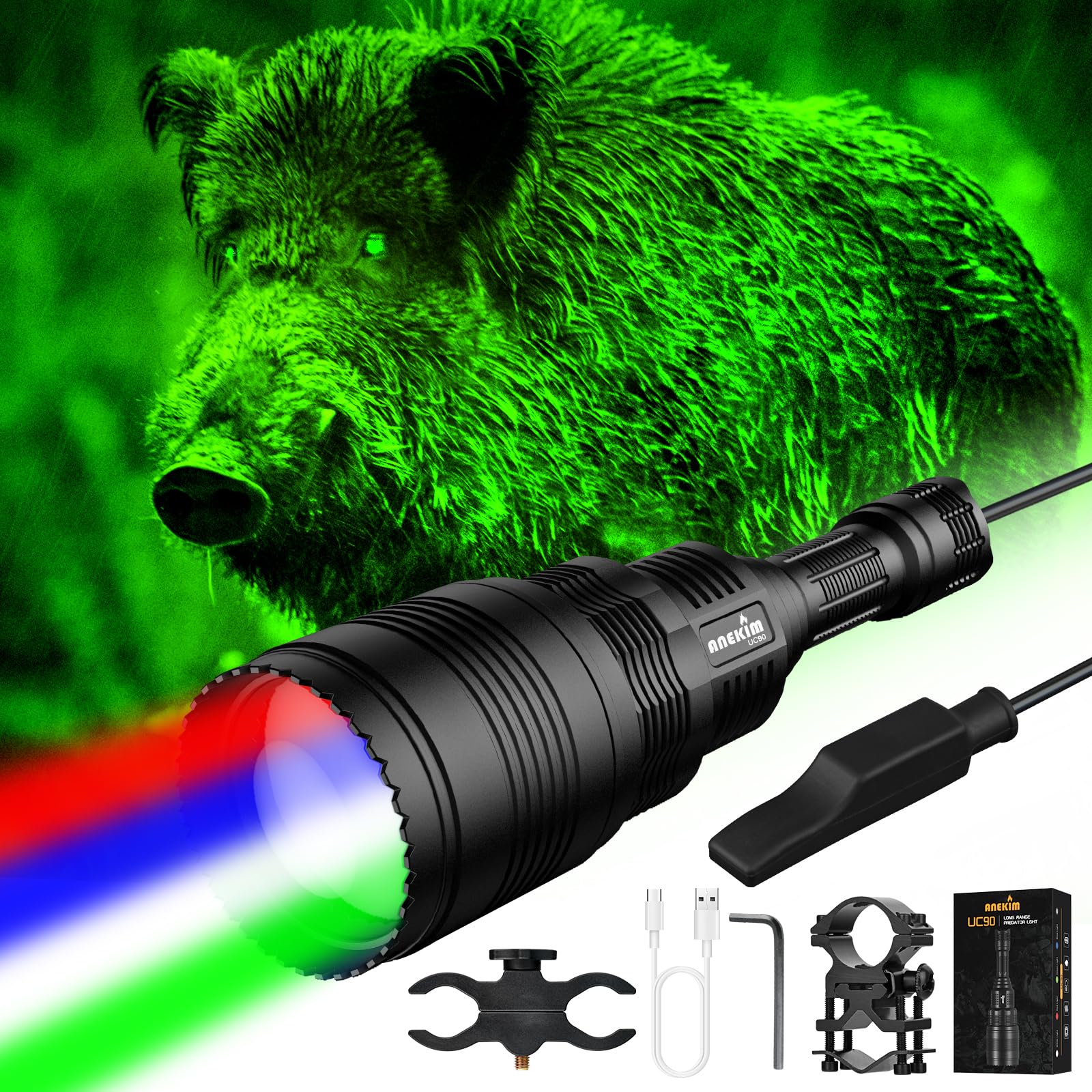 ANEKIM UC90 New 4-Color-in-1 (Red, White, Green,Blue) Circular Spotlight Hunting Light Predator Flashlight kit（Adjustable Light spot Clarity）